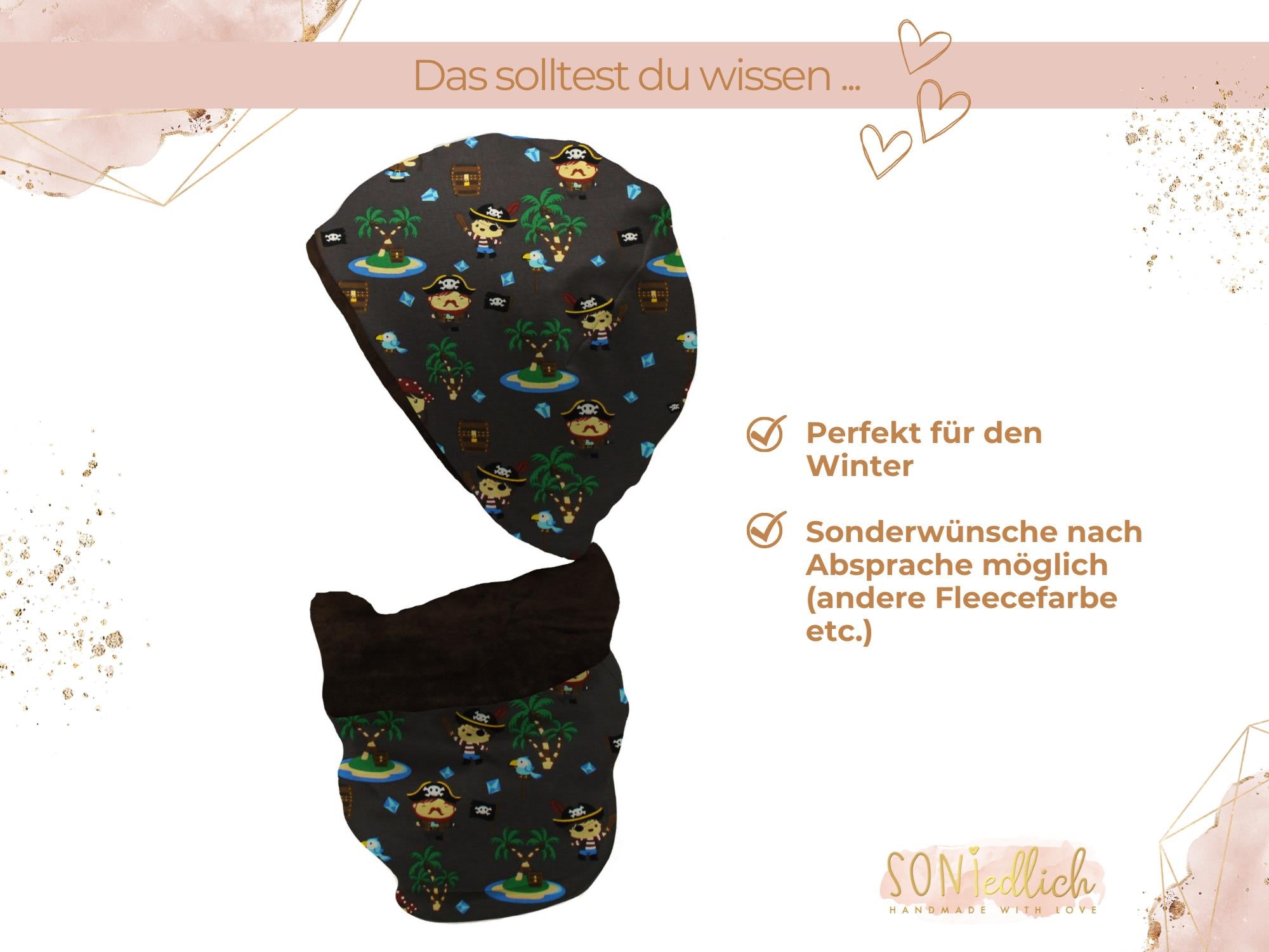 Gefüttertes Mützen und Loop Set für Babys und Kinder "Inselpiraten dunkelbraun" Beschreibung
