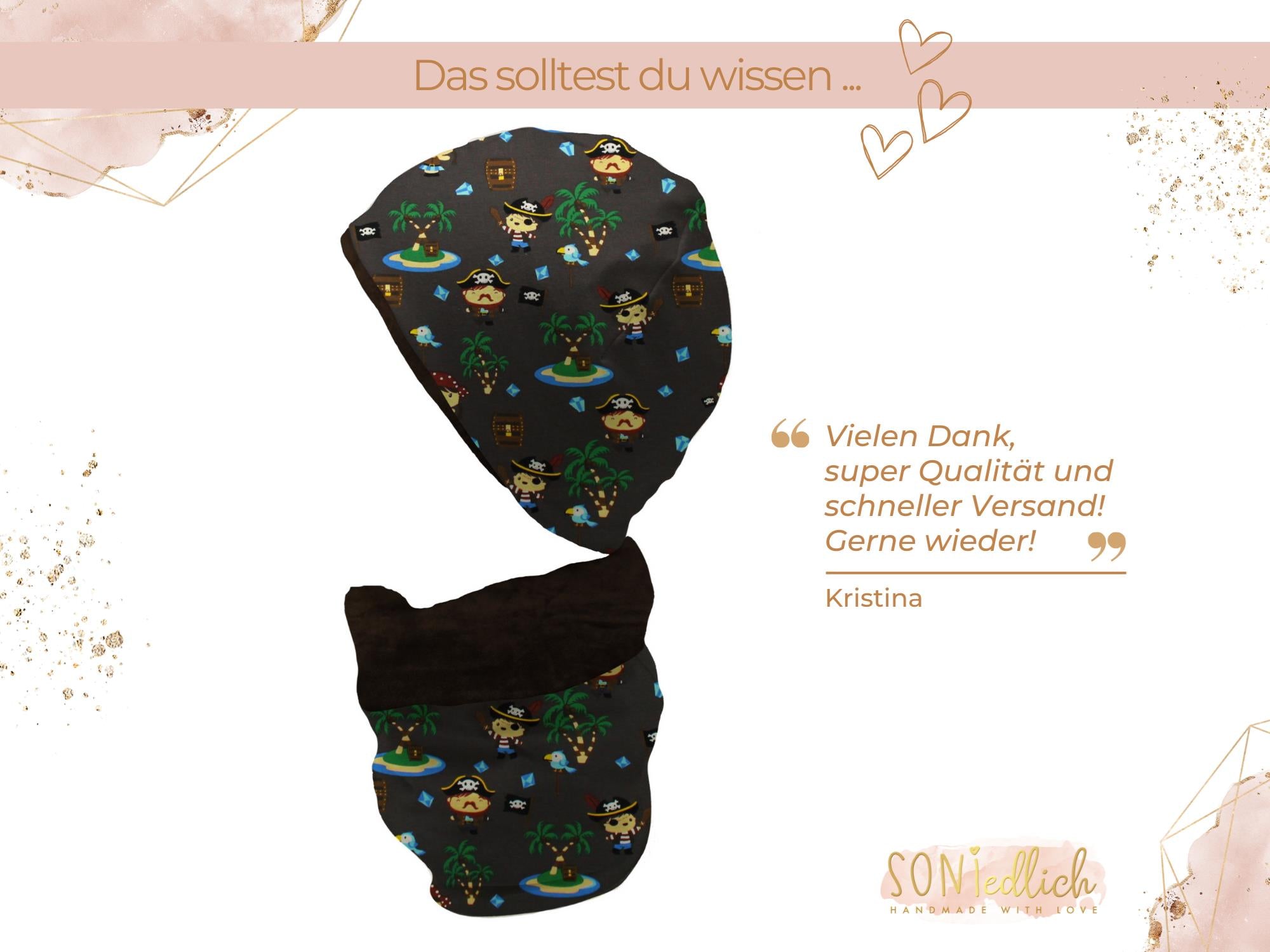 Gefüttertes Mützen und Loop Set für Babys und Kinder "Inselpiraten dunkelbraun" Text Beschreibung