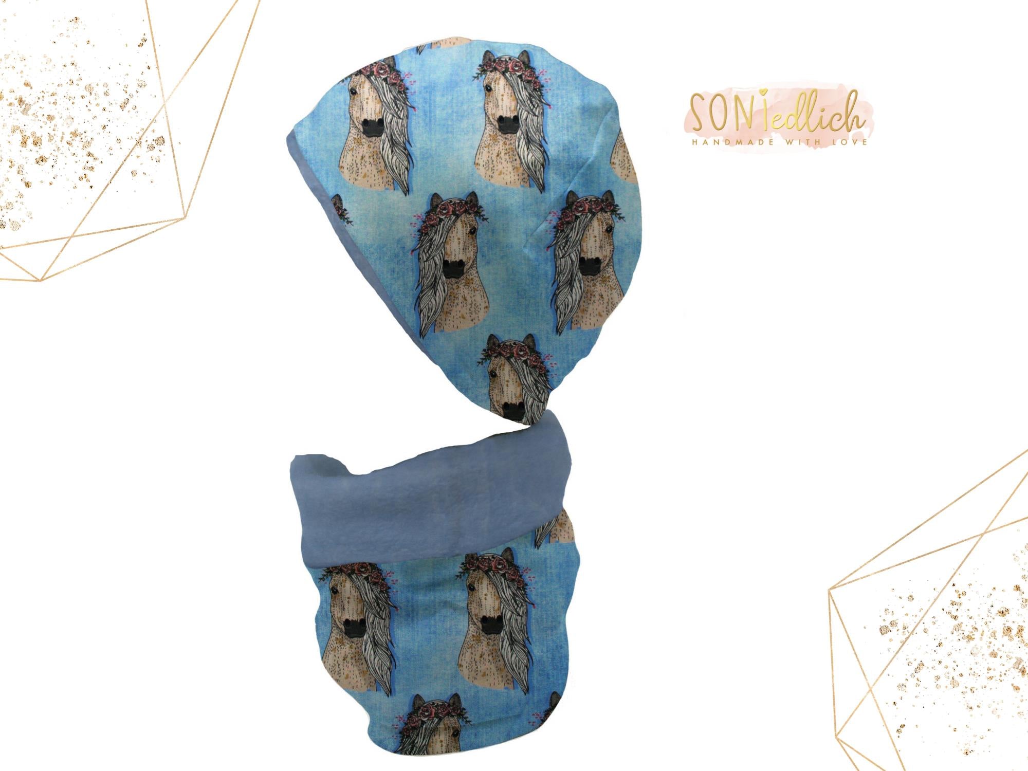 Gefüttertes Mützen und Loop Set für Babys und Kinder "Pferde jeansoptik" mit Logo