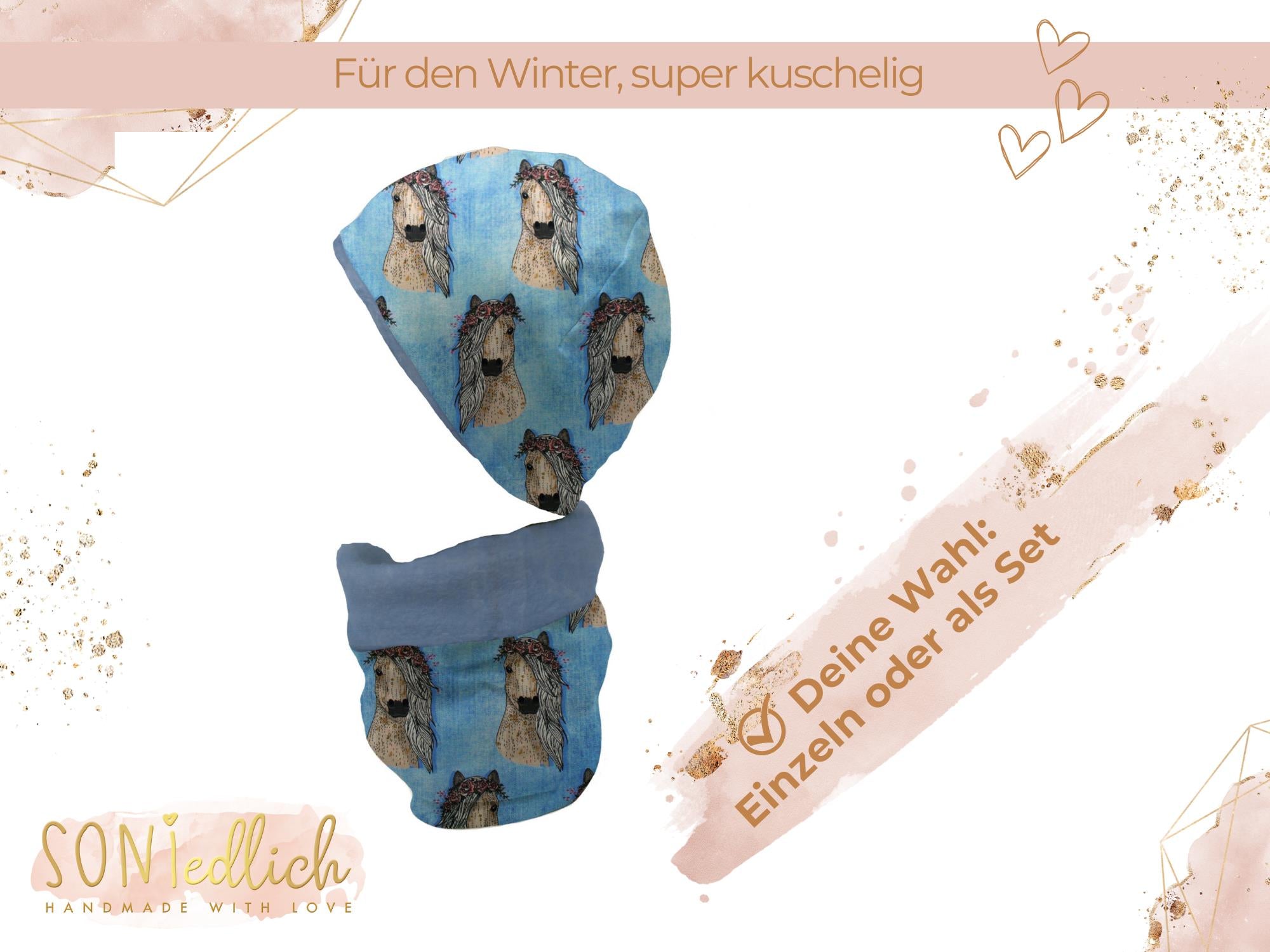 Gefüttertes Mützen und Loop Set für Babys und Kinder "Pferde jeansoptik" Auswahl