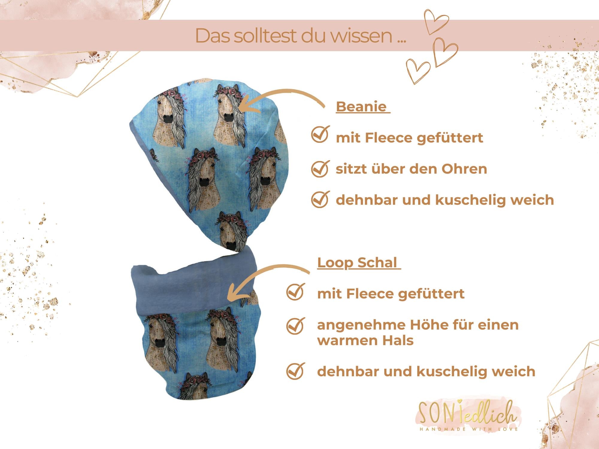Gefüttertes Mützen und Loop Set für Babys und Kinder "Pferde jeansoptik" Details