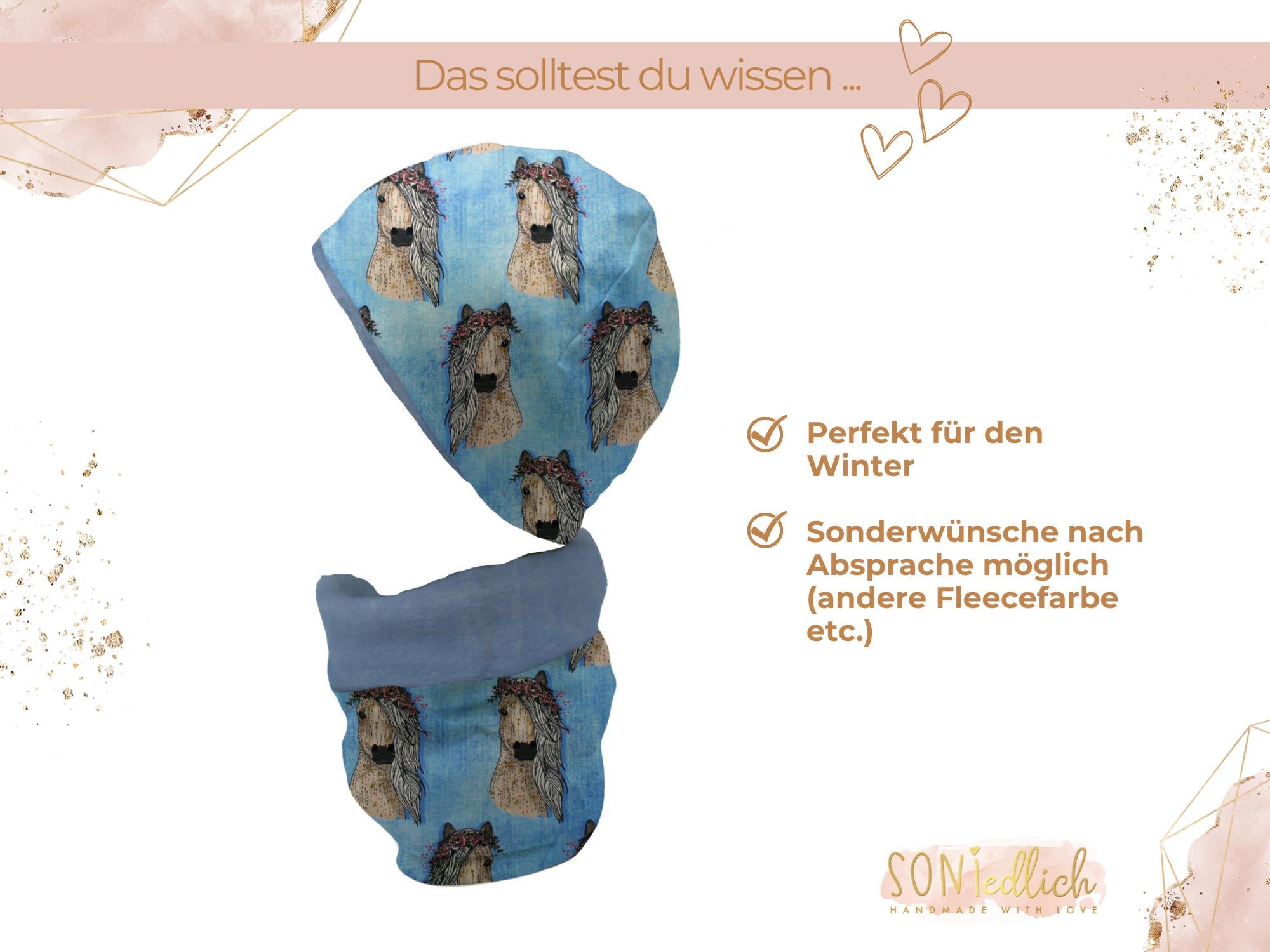 Gefüttertes Mützen und Loop Set für Babys und Kinder "Pferde jeansoptik" Beschreibung