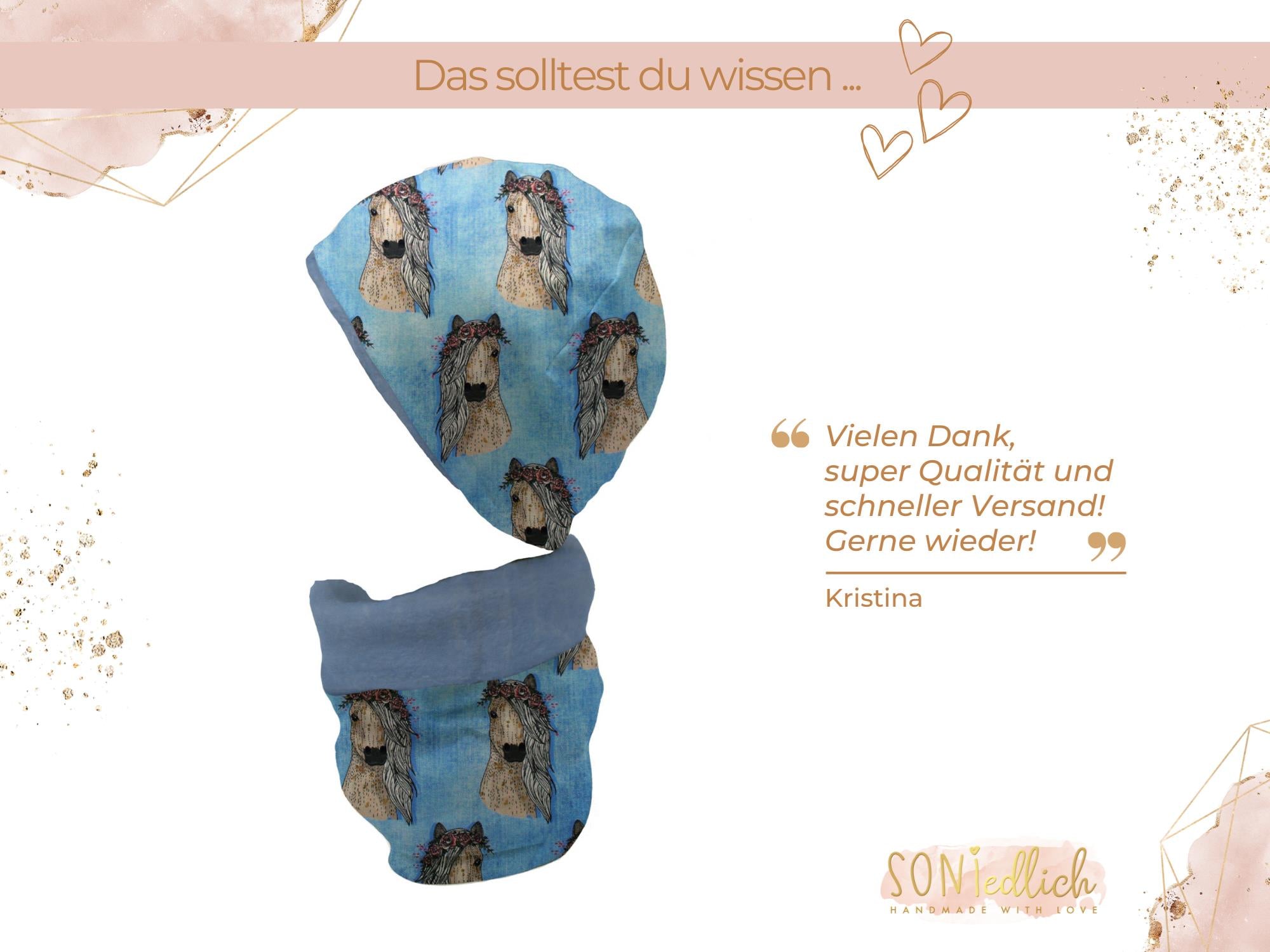 Gefüttertes Mützen und Loop Set für Babys und Kinder "Pferde jeansoptik" Text Bewertung