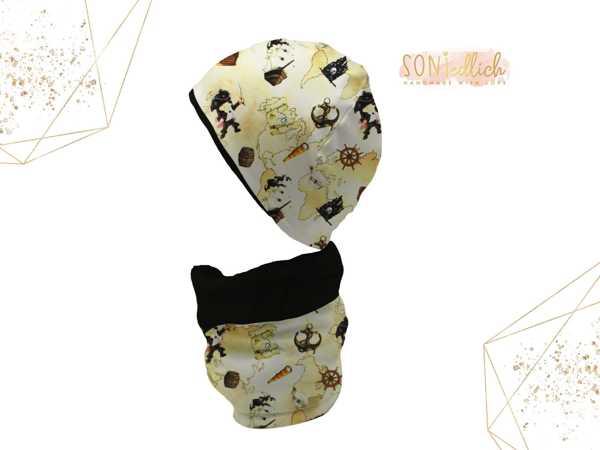 Gefüttertes Mützen und Loop Set für Babys und Kinder „Piraten auf Schatzsuche“ mit Logo