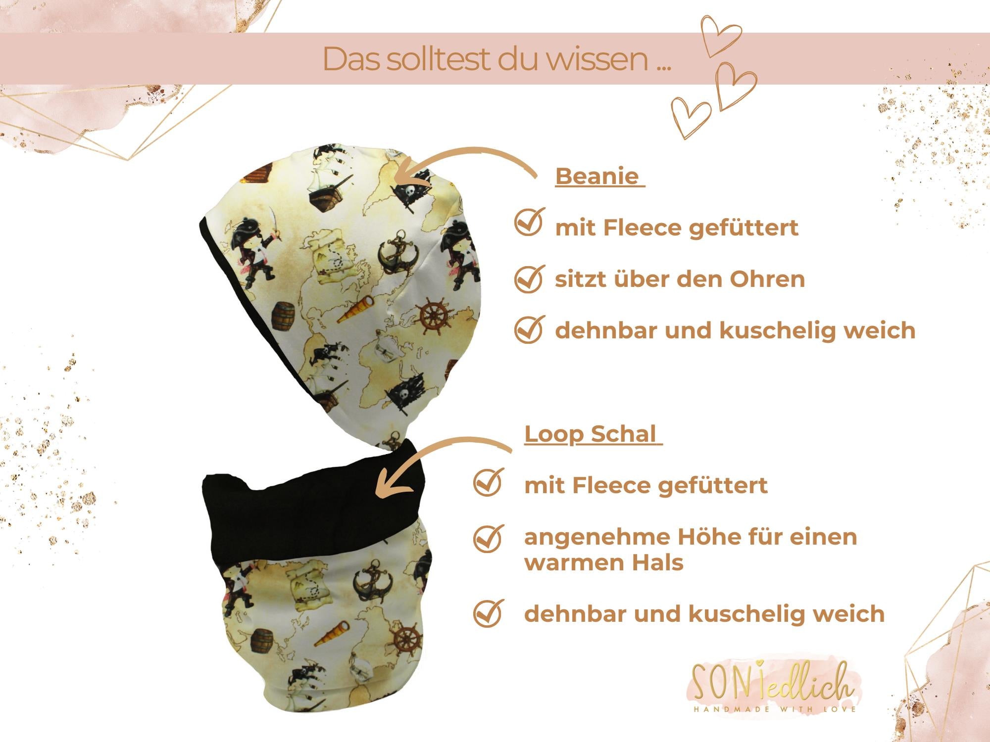 Gefüttertes Mützen und Loop Set für Babys und Kinder „Piraten auf Schatzsuche“ Details