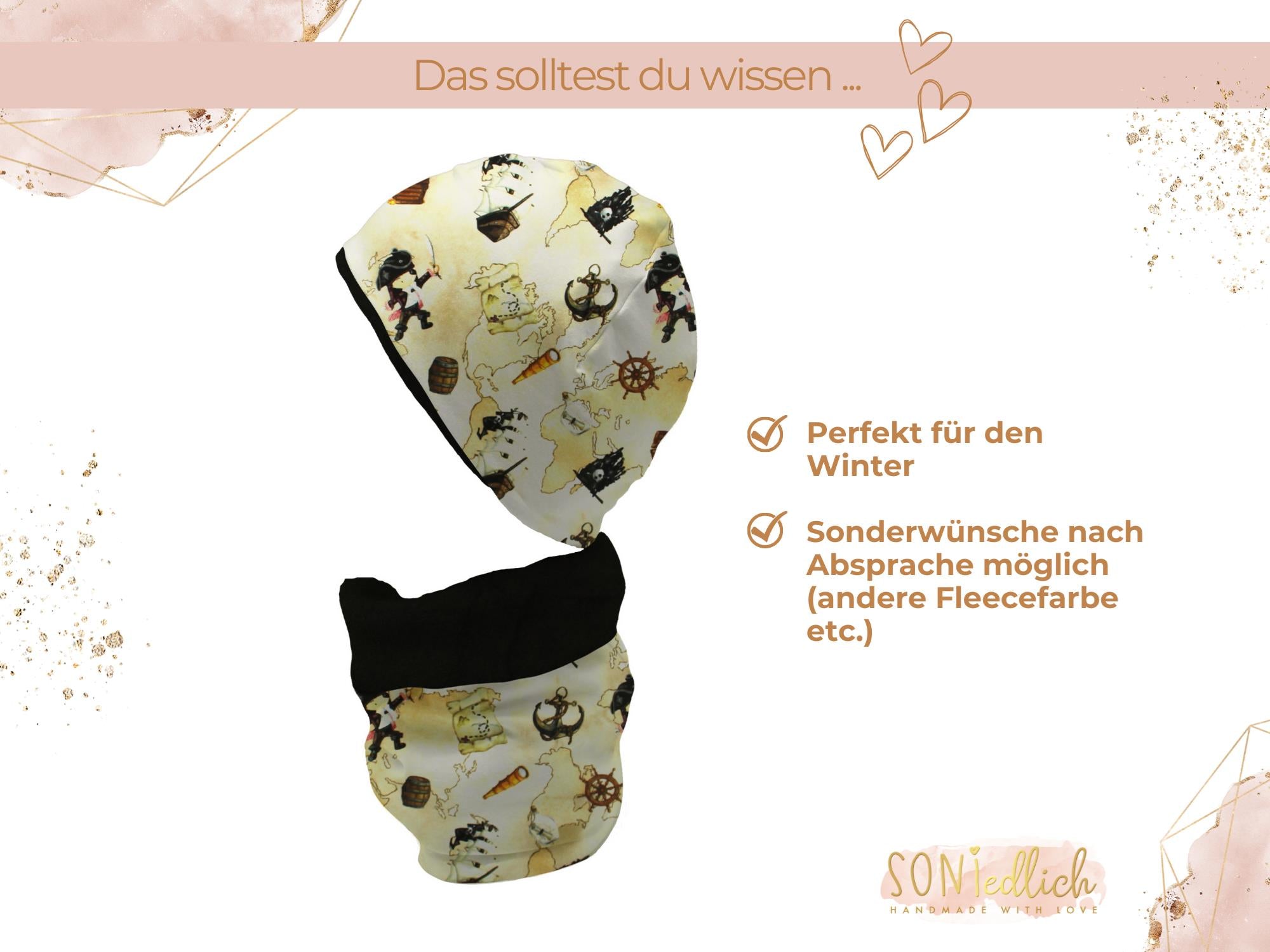 Gefüttertes Mützen und Loop Set für Babys und Kinder „Piraten auf Schatzsuche“ Beschreibung
