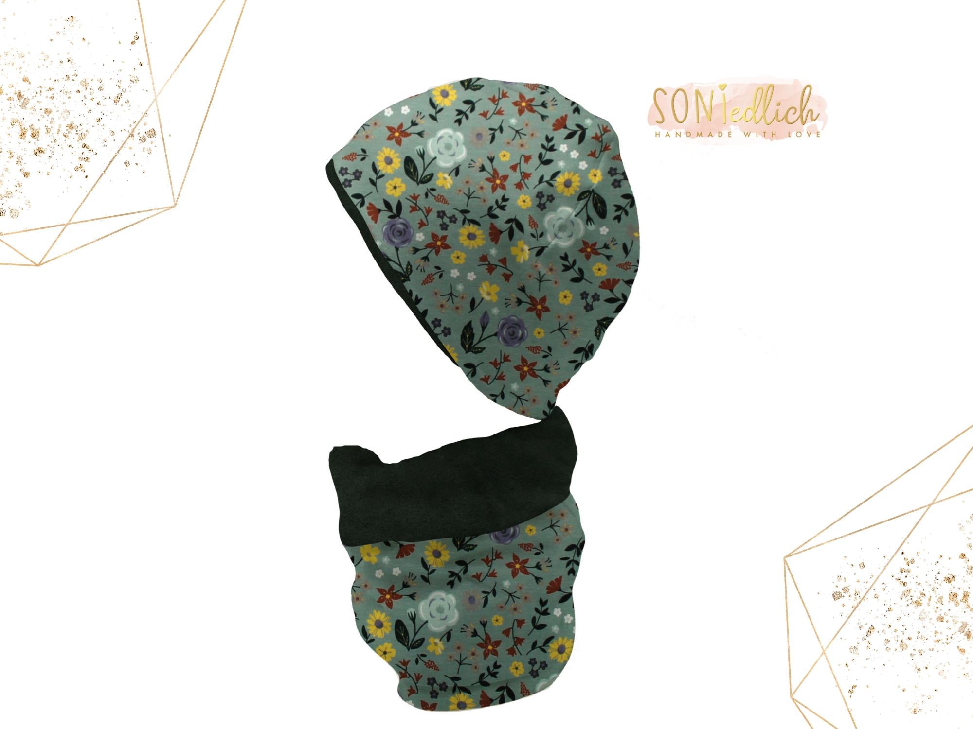 Gefüttertes Mützen und Loop Set für Babys und Kinder „Sommerwiese altgrün“ mit Logo