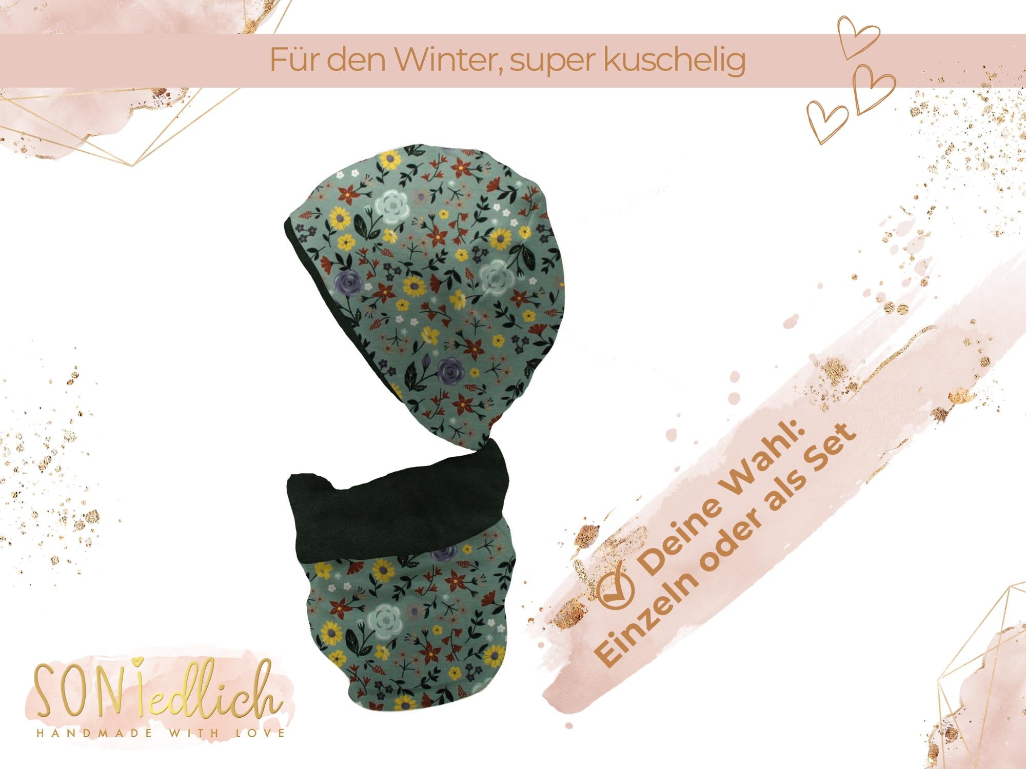 Gefüttertes Mützen und Loop Set für Babys und Kinder „Sommerwiese altgrün“ Auswahl