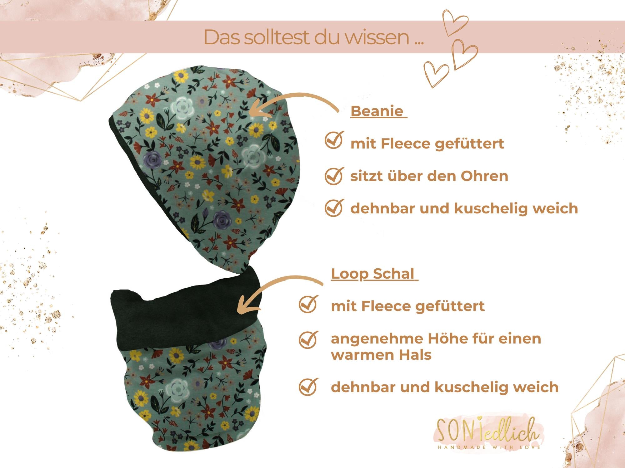 Gefüttertes Mützen und Loop Set für Babys und Kinder „Sommerwiese altgrün“ Details