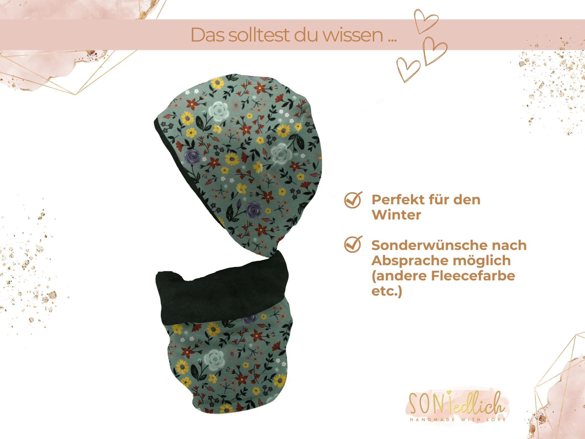 Gefüttertes Mützen und Loop Set für Babys und Kinder „Sommerwiese altgrün“ Beschreibung