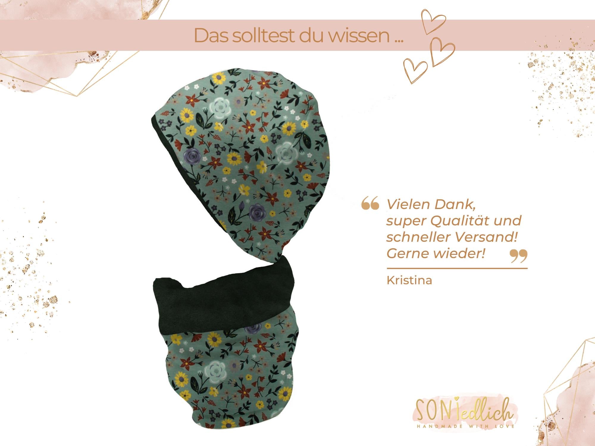 Gefüttertes Mützen und Loop Set für Babys und Kinder „Sommerwiese altgrün“ Text Bewertung