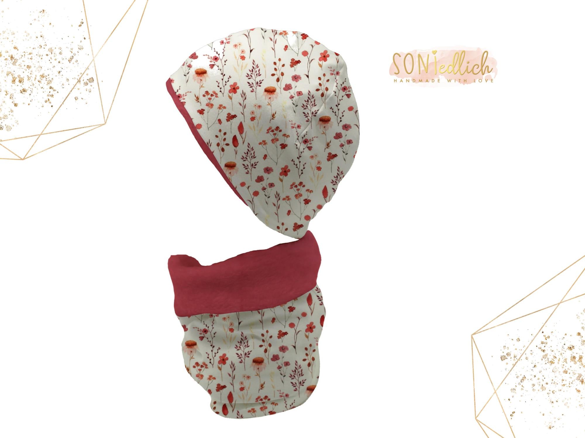 Gefüttertes Mützen und Loop Set für Babys und Kinder „sunset flowers“ mit Logo