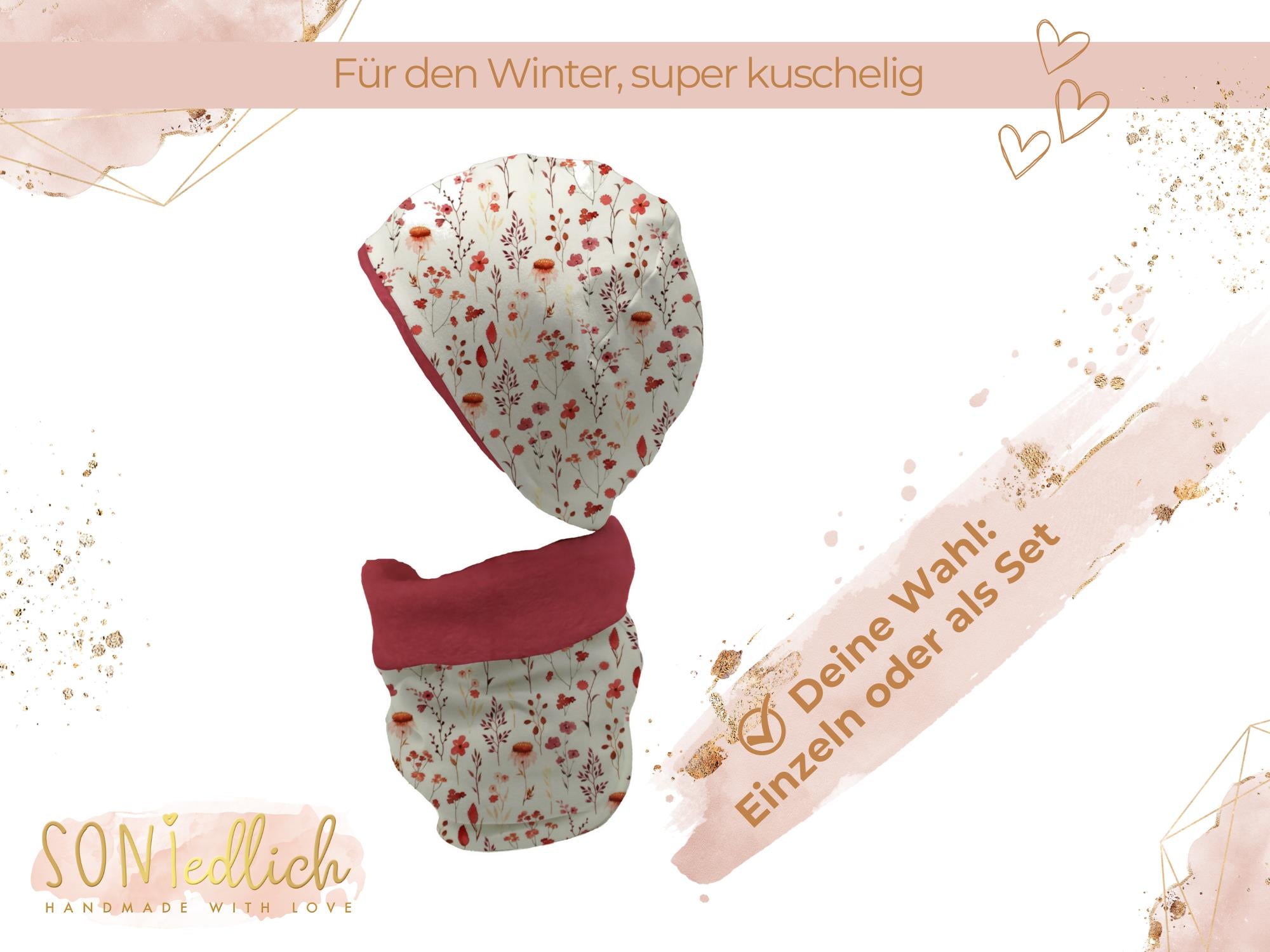 Gefüttertes Mützen und Loop Set für Babys und Kinder „sunset flowers“ Auswahl
