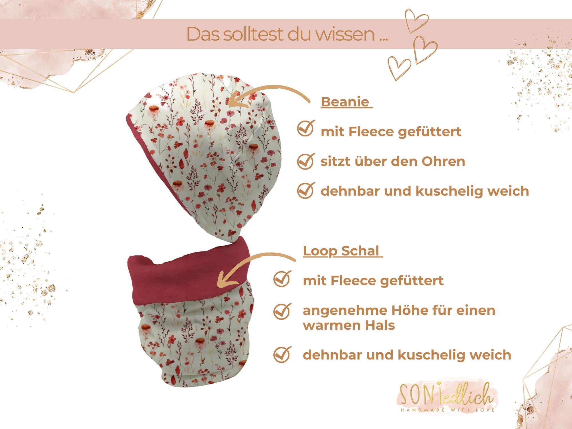 Gefüttertes Mützen und Loop Set für Babys und Kinder „sunset flowers“ Details