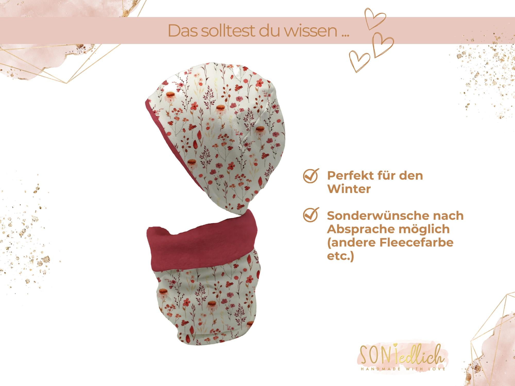 Gefüttertes Mützen und Loop Set für Babys und Kinder „sunset flowers“ Beschreibung