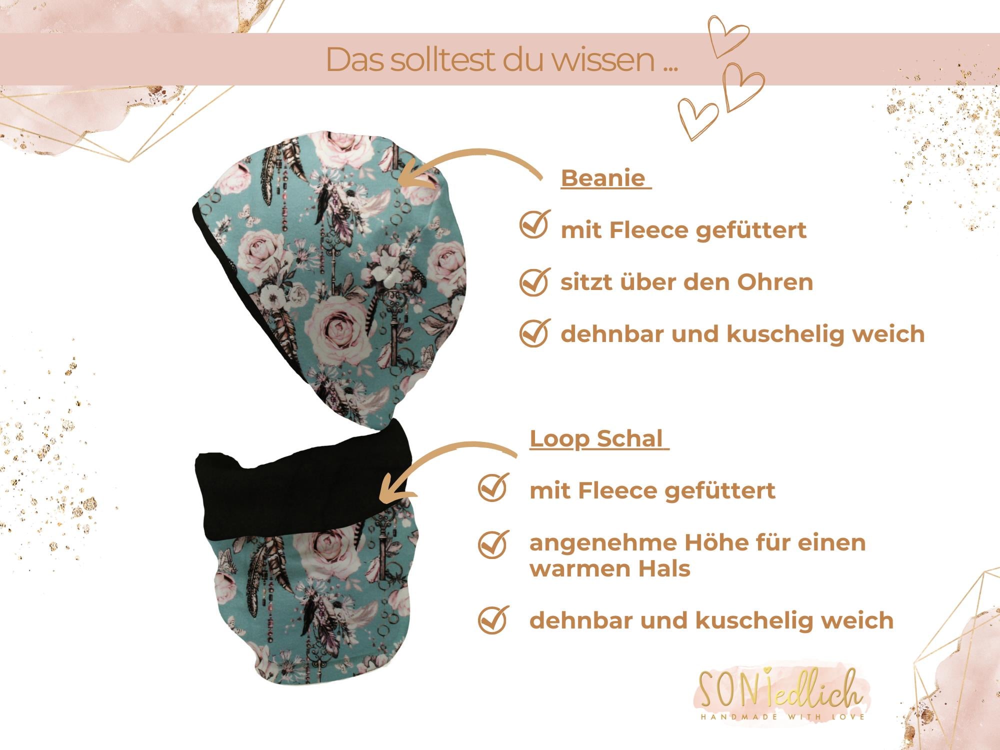 Gefüttertes Mützen und Loop Set für Babys und Kinder „sweet keys“ Details