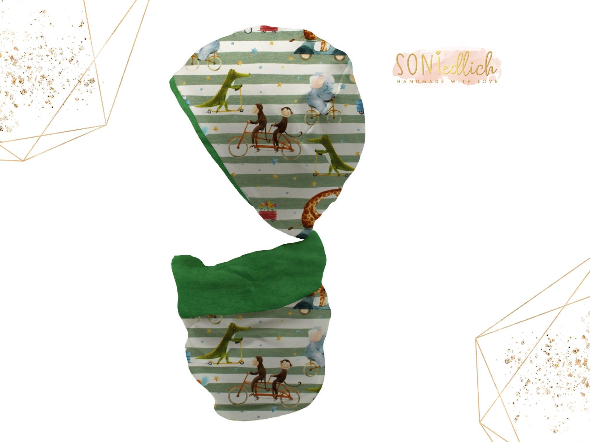 Gefüttertes Mützen und Loop Set für Babys und Kinder „Tierausflug“ mit Logo