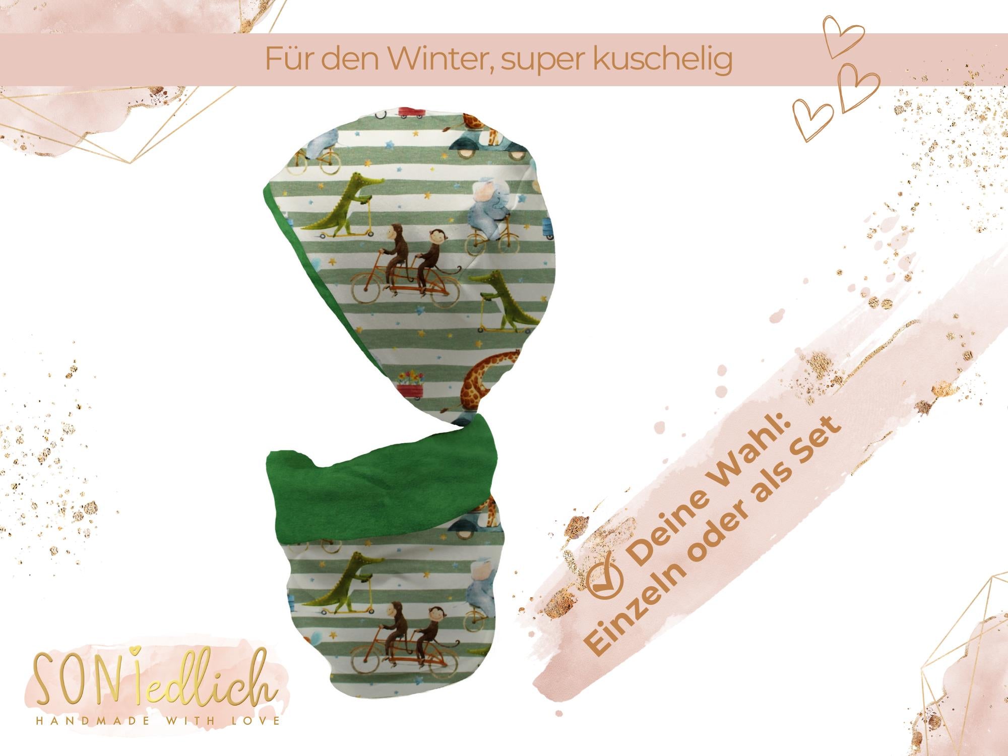 Gefüttertes Mützen und Loop Set für Babys und Kinder „Tierausflug“ Auswahl