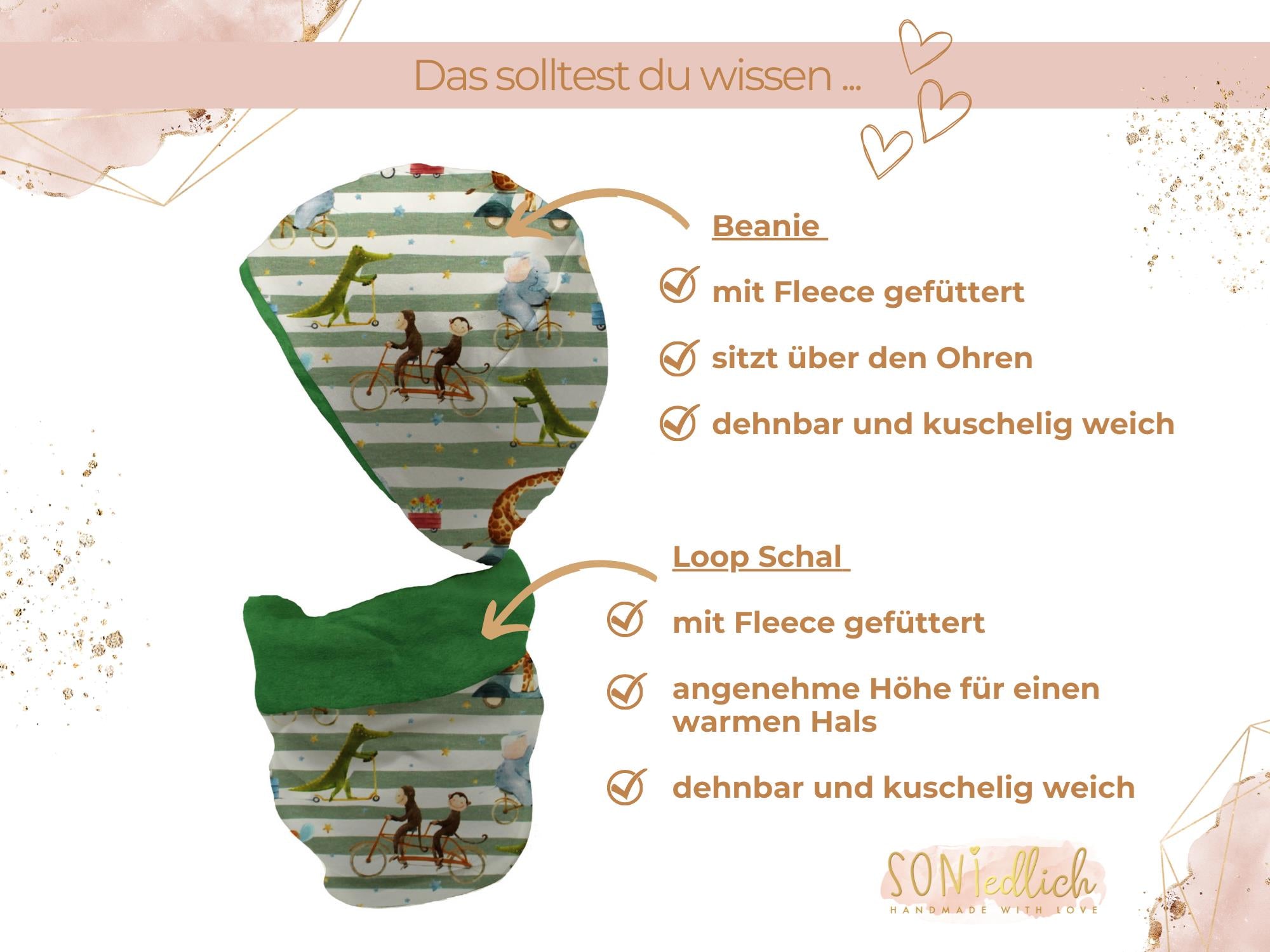 Gefüttertes Mützen und Loop Set für Babys und Kinder „Tierausflug“ Details