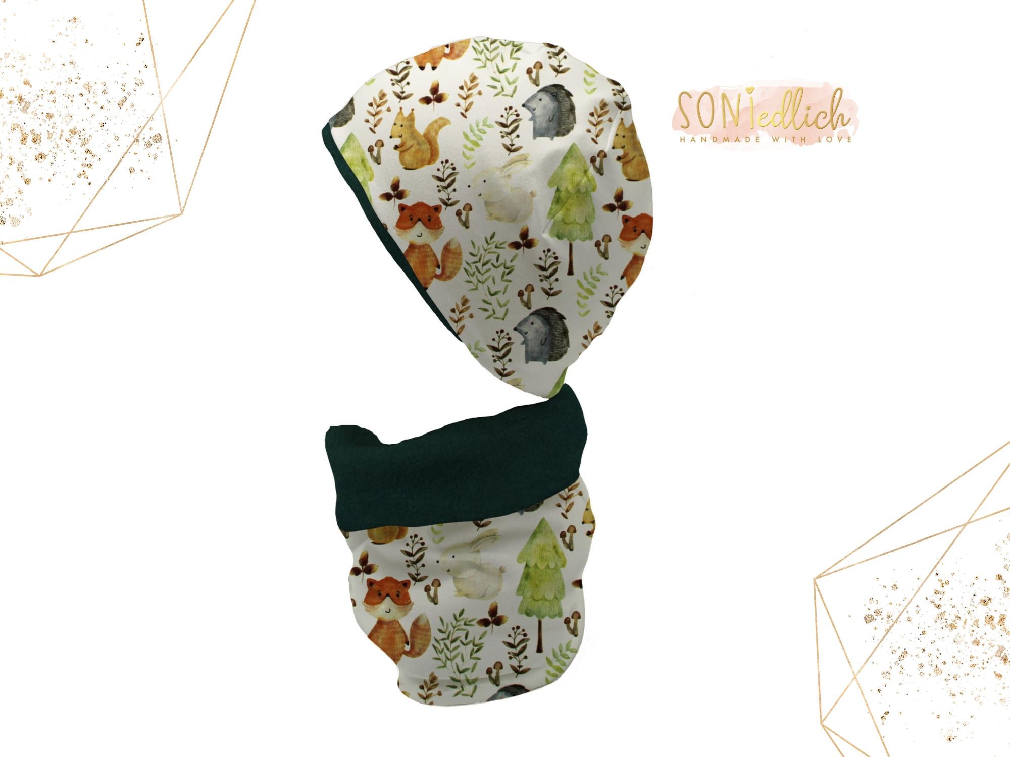 Gefüttertes Mützen und Loop Set für Babys und Kinder „Waldfreunde“ mit Logo