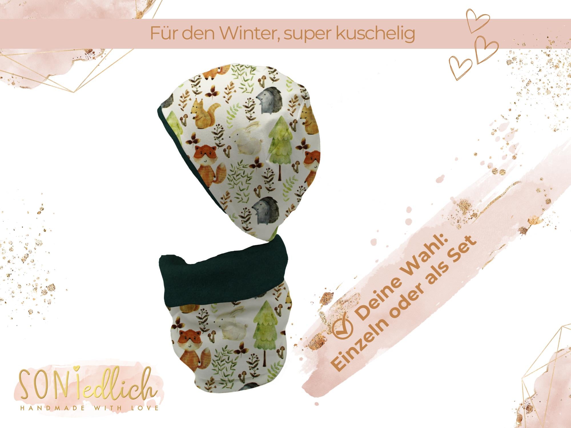 Gefüttertes Mützen und Loop Set für Babys und Kinder „Waldfreunde“ Auswahl