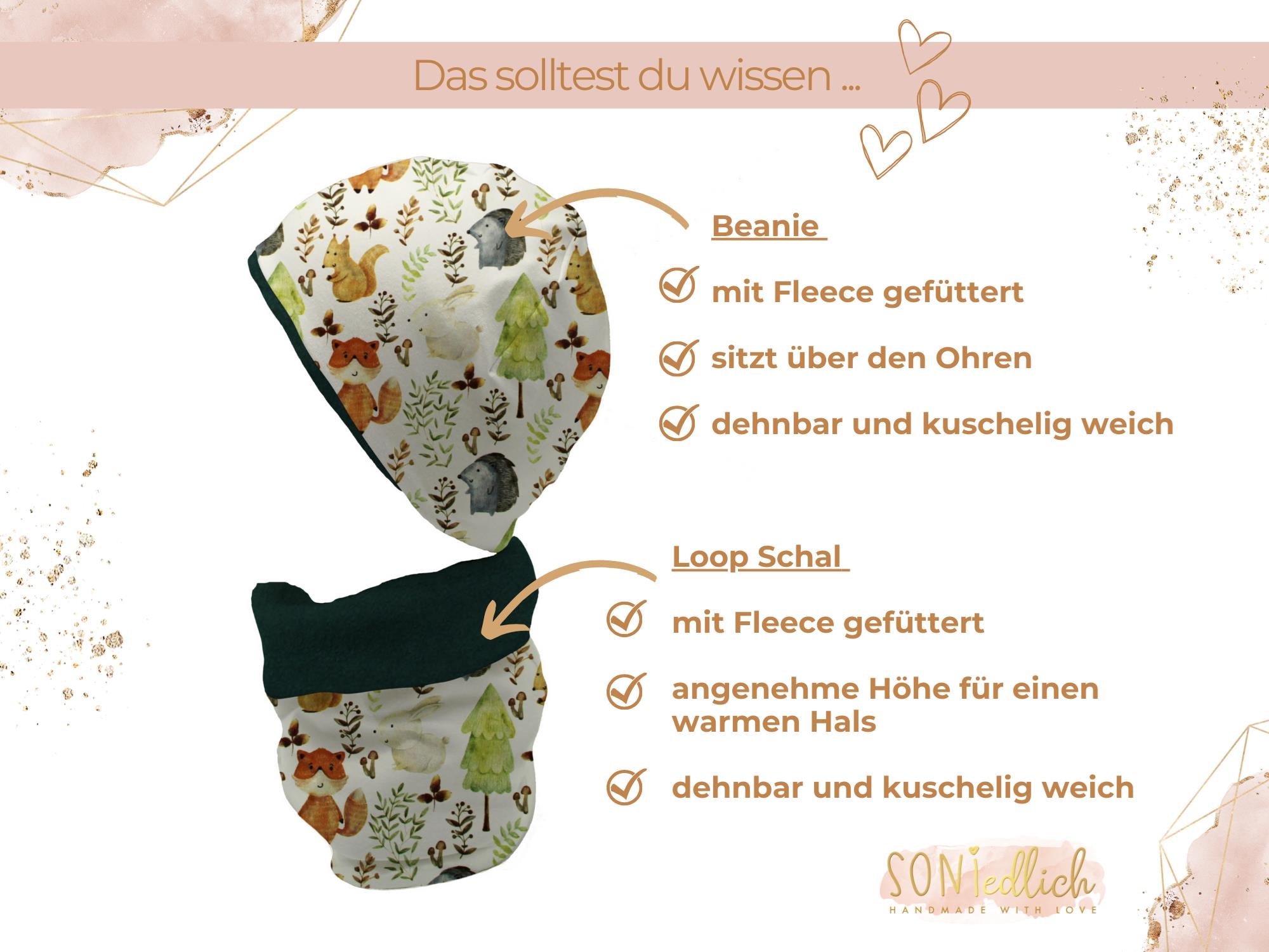 Gefüttertes Mützen und Loop Set für Babys und Kinder „Waldfreunde“ Details