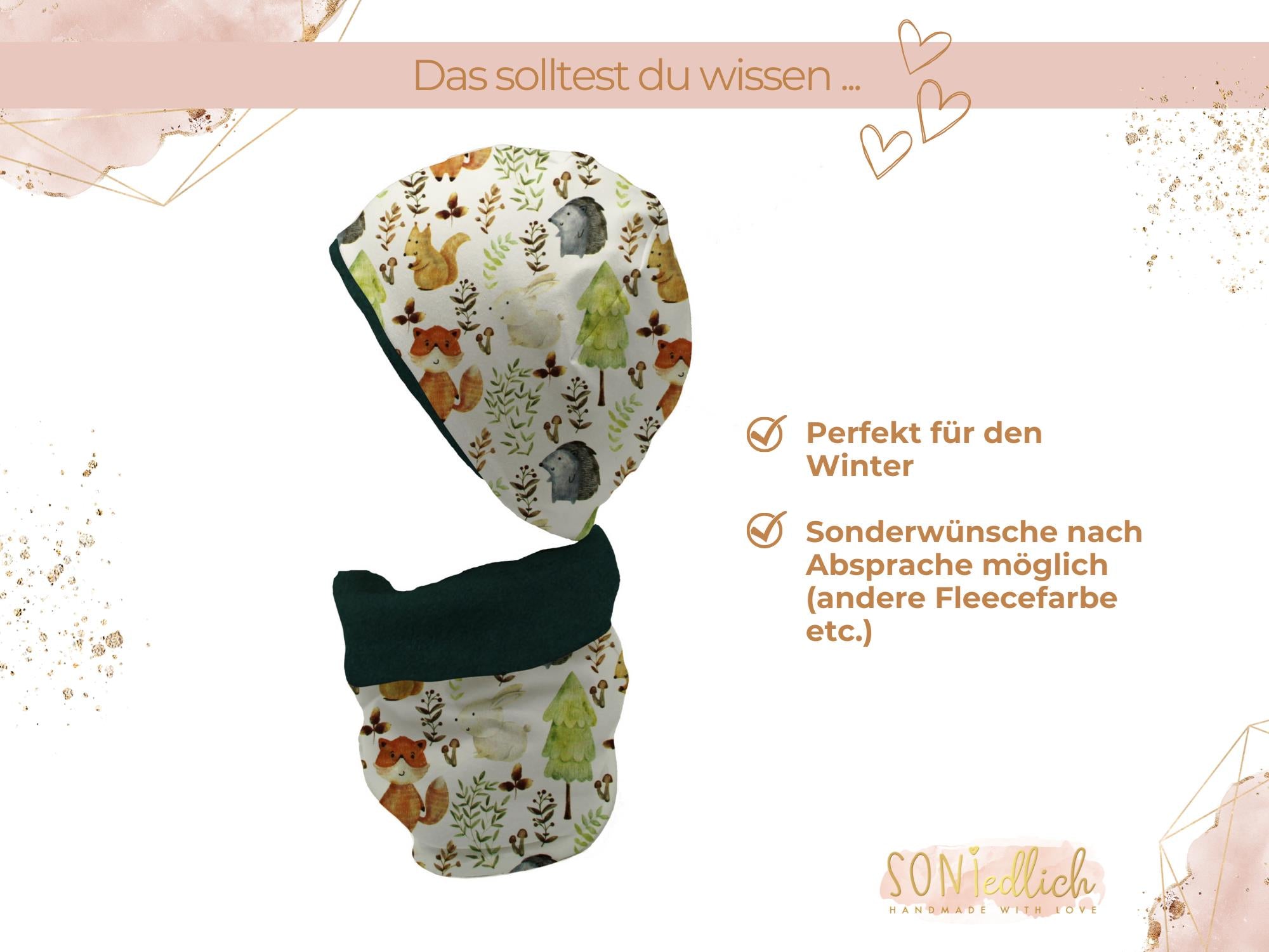 Gefüttertes Mützen und Loop Set für Babys und Kinder „Waldfreunde“ Beschreibung