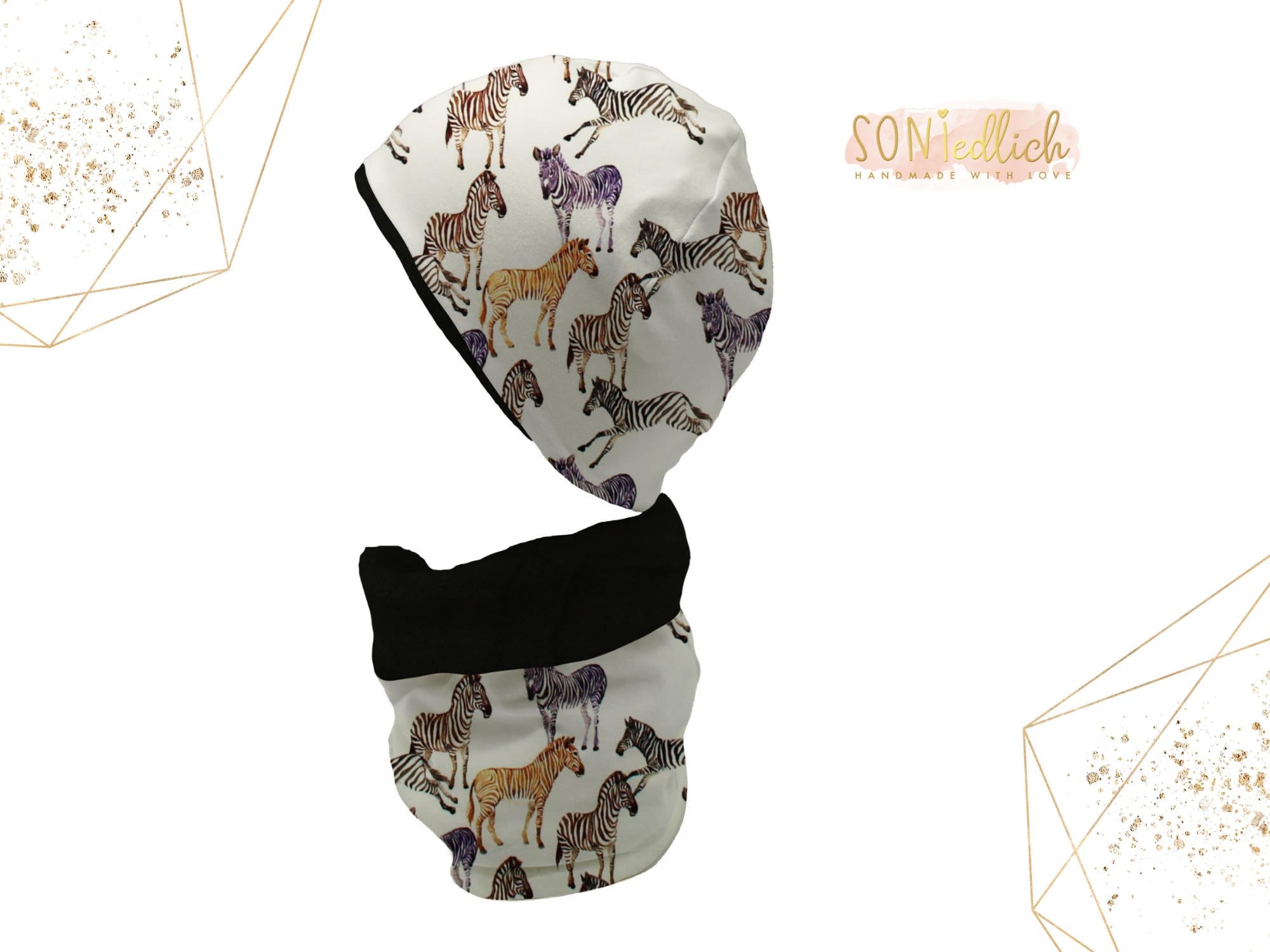 Gefüttertes Mützen und Loop Set für Babys und Kinder „Zebra" mit Logo