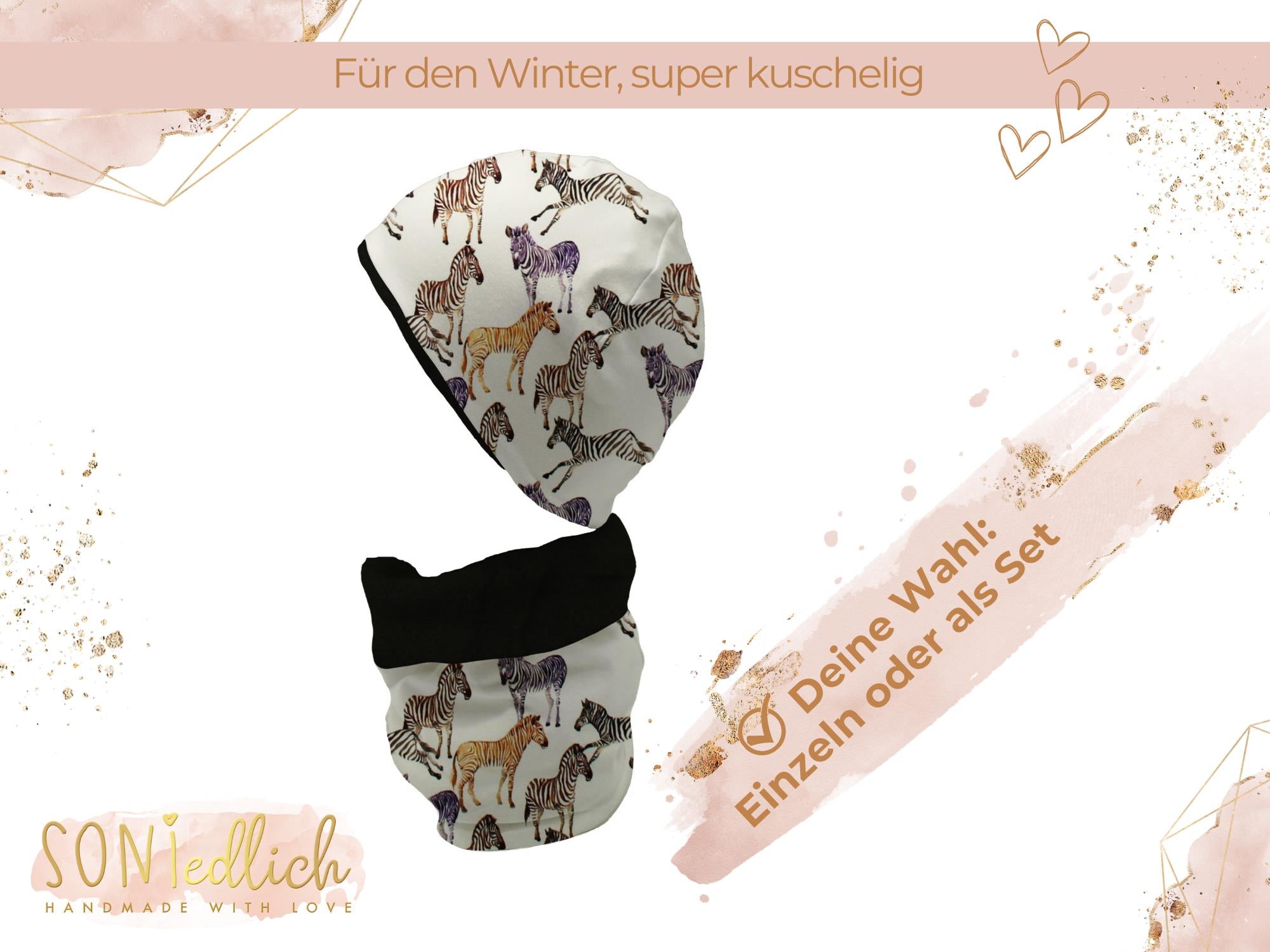 Gefüttertes Mützen und Loop Set für Babys und Kinder „Zebra" Auswahl