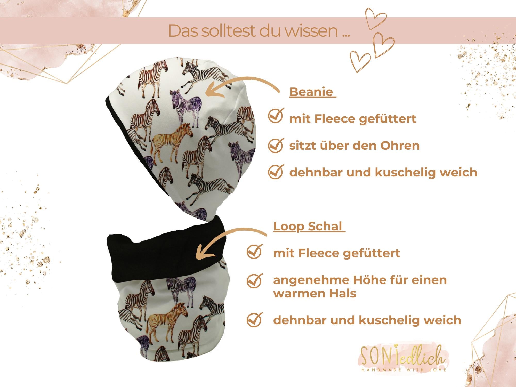 Gefüttertes Mützen und Loop Set für Babys und Kinder „Zebra" Details