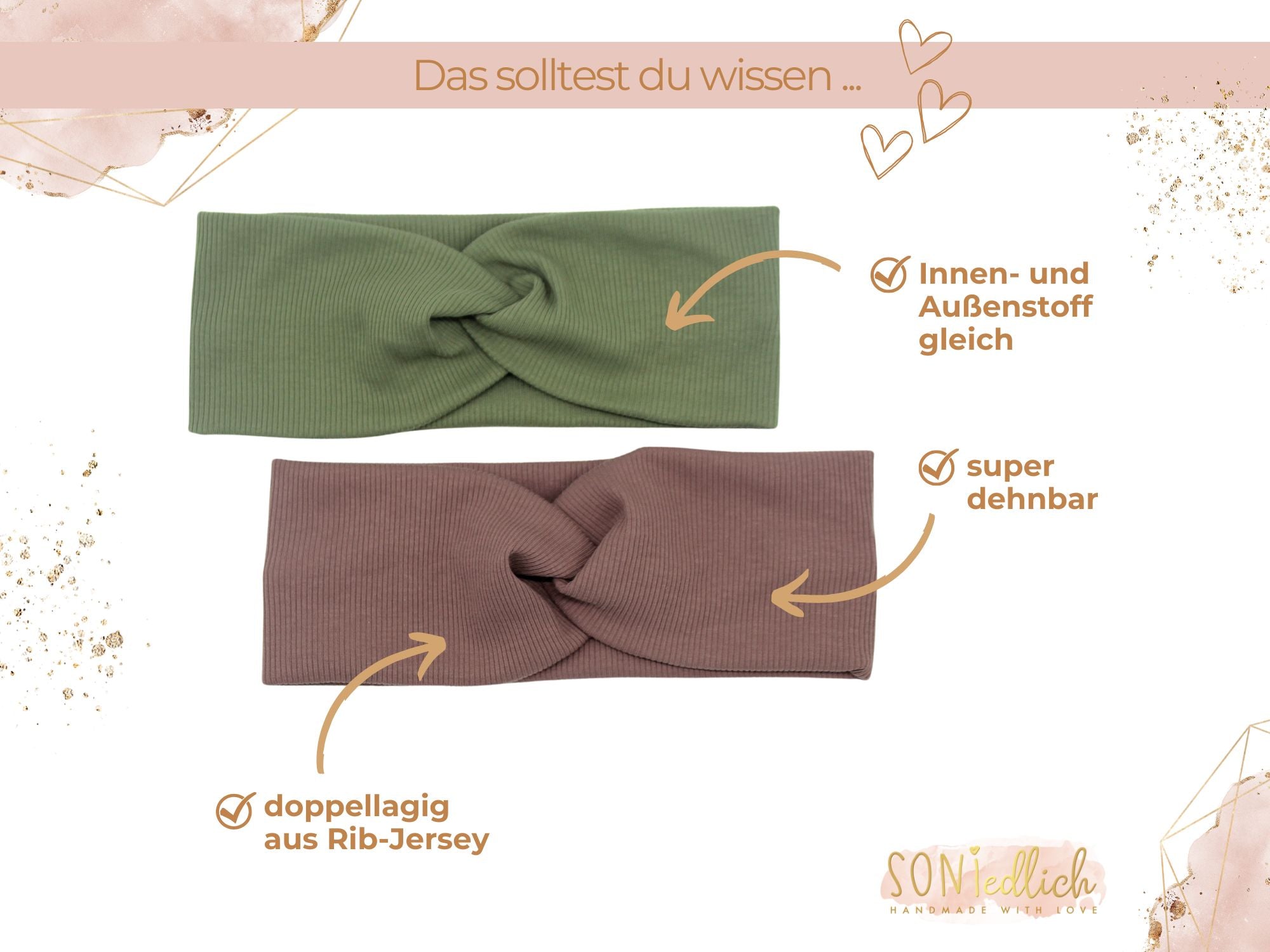Knotenhaarband aus Ribjersey für Babys, Kinder und Erwachsene, Detailansicht. Der Innen- und Außenstoff ist gleich, super dehnbar, doppellagig aus Rib-Jersey