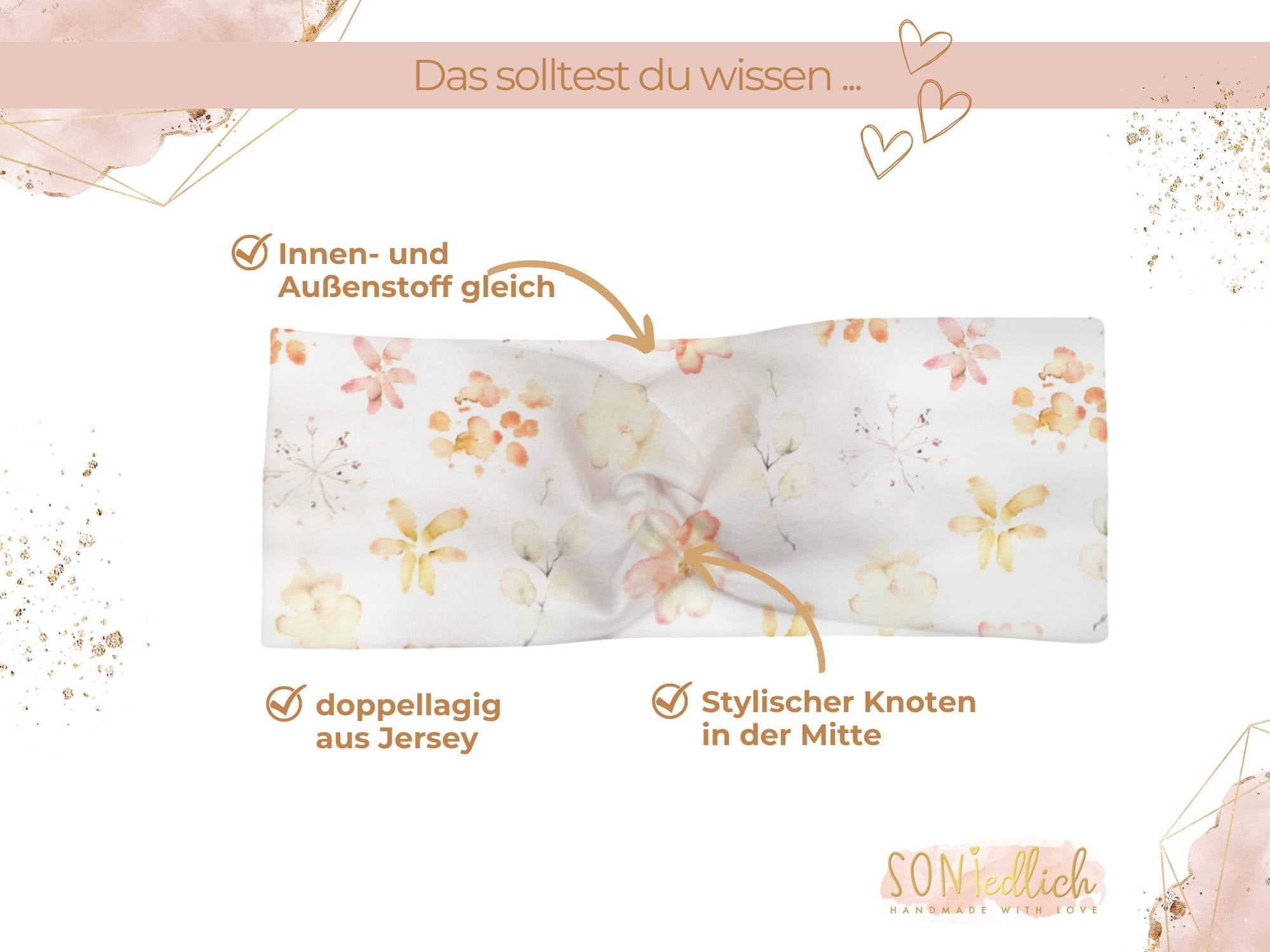 Knotenhaarband für Babys, Kinder und Erwachsen in weiß mit aquarell-Blütendesign in den Farben gelb,  apricot und rosa, Detailansicht. Der Außen- und Innenstoff ist gleich, doppellagig aus Jersey, stylischer Knoten in der Mitte.