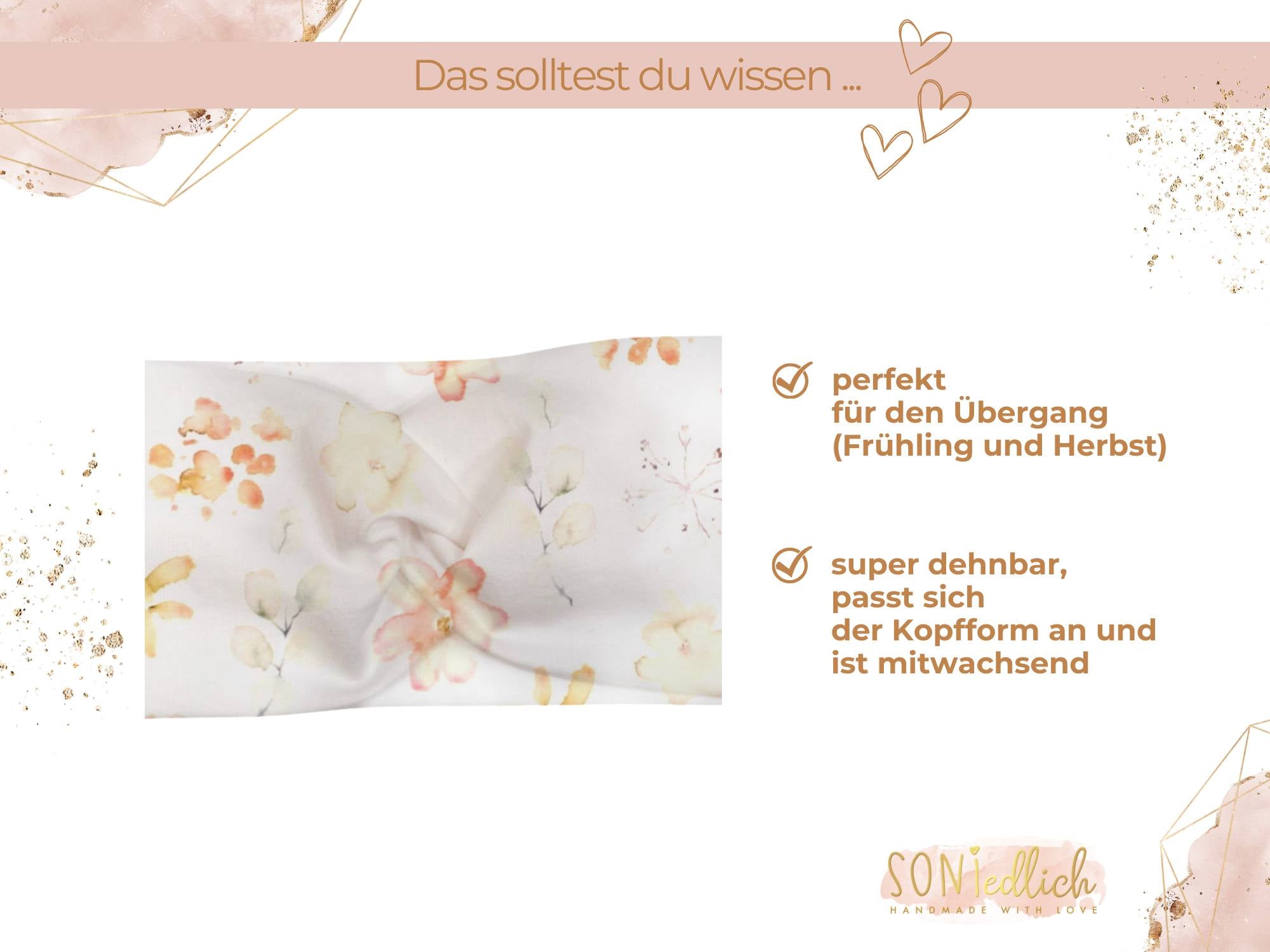 Knotenhaarband für Babys, Kinder und Erwachsen in weiß mit aquarell-Blütendesign in den Farben gelb,  apricot und rosa, perfekt für den Übergang im Frühling und Herbst, super dehnbar, passt sich der Kopfform an und ist mitwachsend.