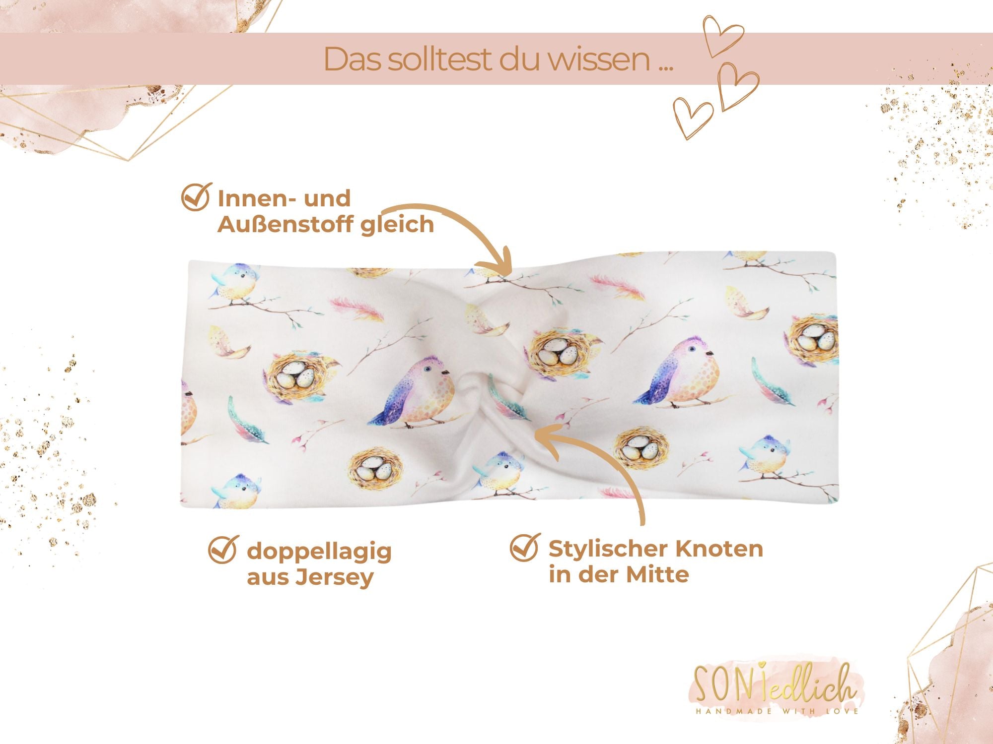 Knotenhaarband für Babys und Kinder in weiß mit süßem Vogel-Print in den Farben beige, lila, türkis und rosa. Der Innen- und Außenstoff ist gleich, doppellagig aus Jersey angefertigt, mit einem stylischen Knoten in der Mitte.