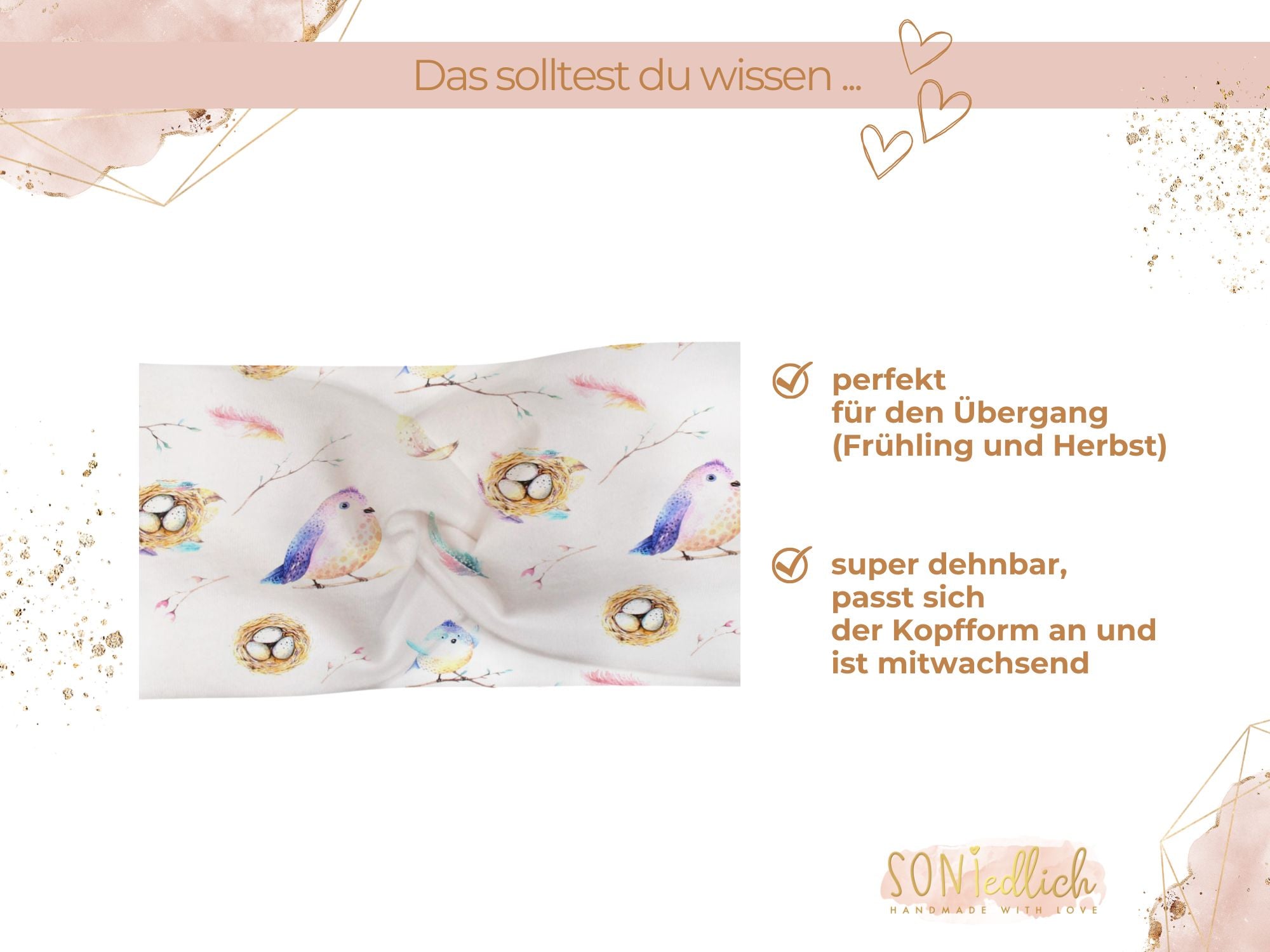 Knotenhaarband für Babys und Kinder in weiß mit süßem Vogel-Print in den Farben beige, lila, türkis und rosa. Perfekt für den Übergang (Frühling und Herbst), sehr dehnbar, passt sich gut der Kopfform an und ist mitwachsend.