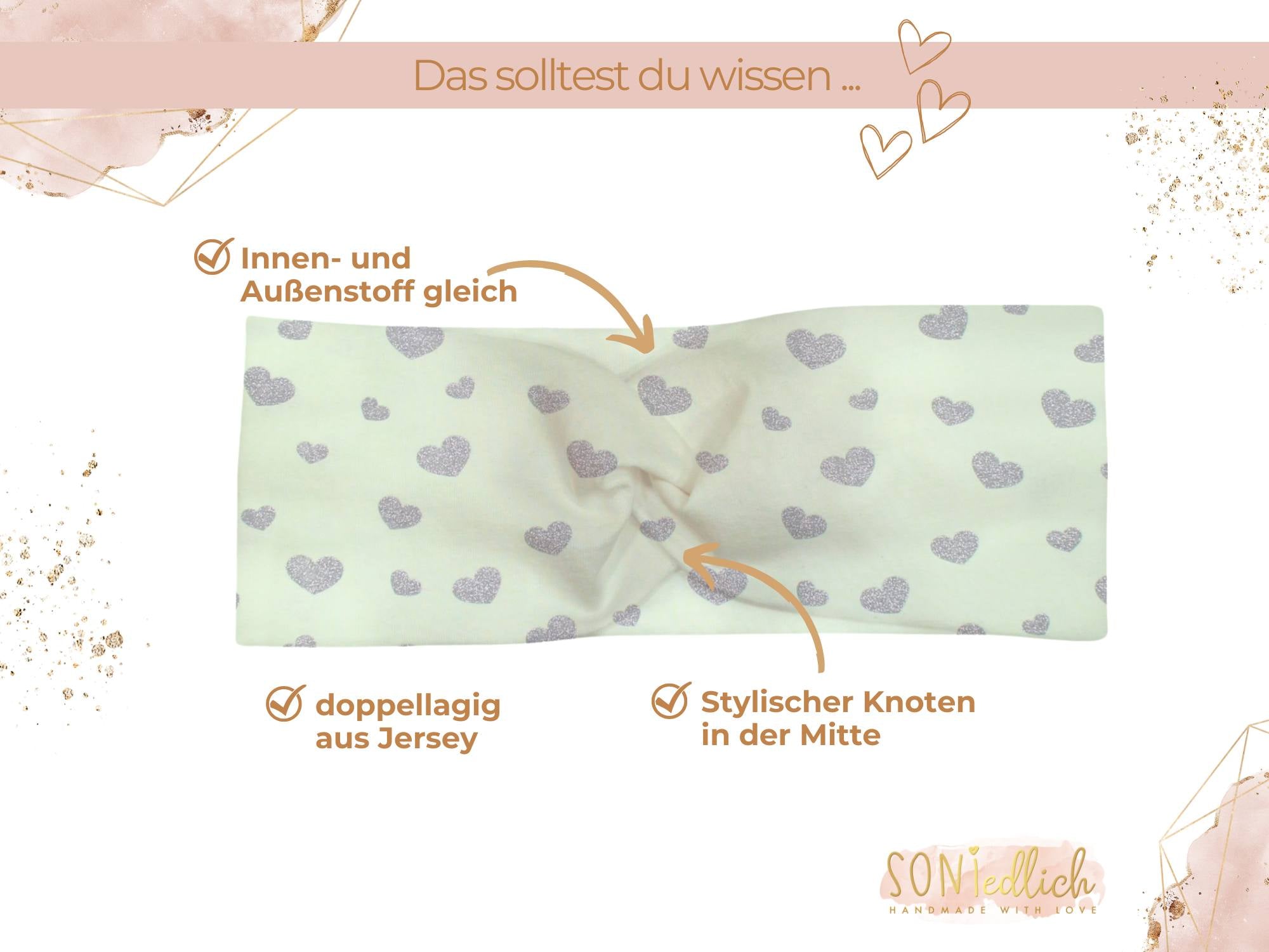 Knotenhaarband in mint mit silbernen Glitzerherzen. Bestellbar für Babys, Kinder und Erwachsene. Das Haarband ist doppellagig angefertigt. Innen- und Außenstoff sind gleich. In der Mitte befindet sich ein stylischer Knoten.