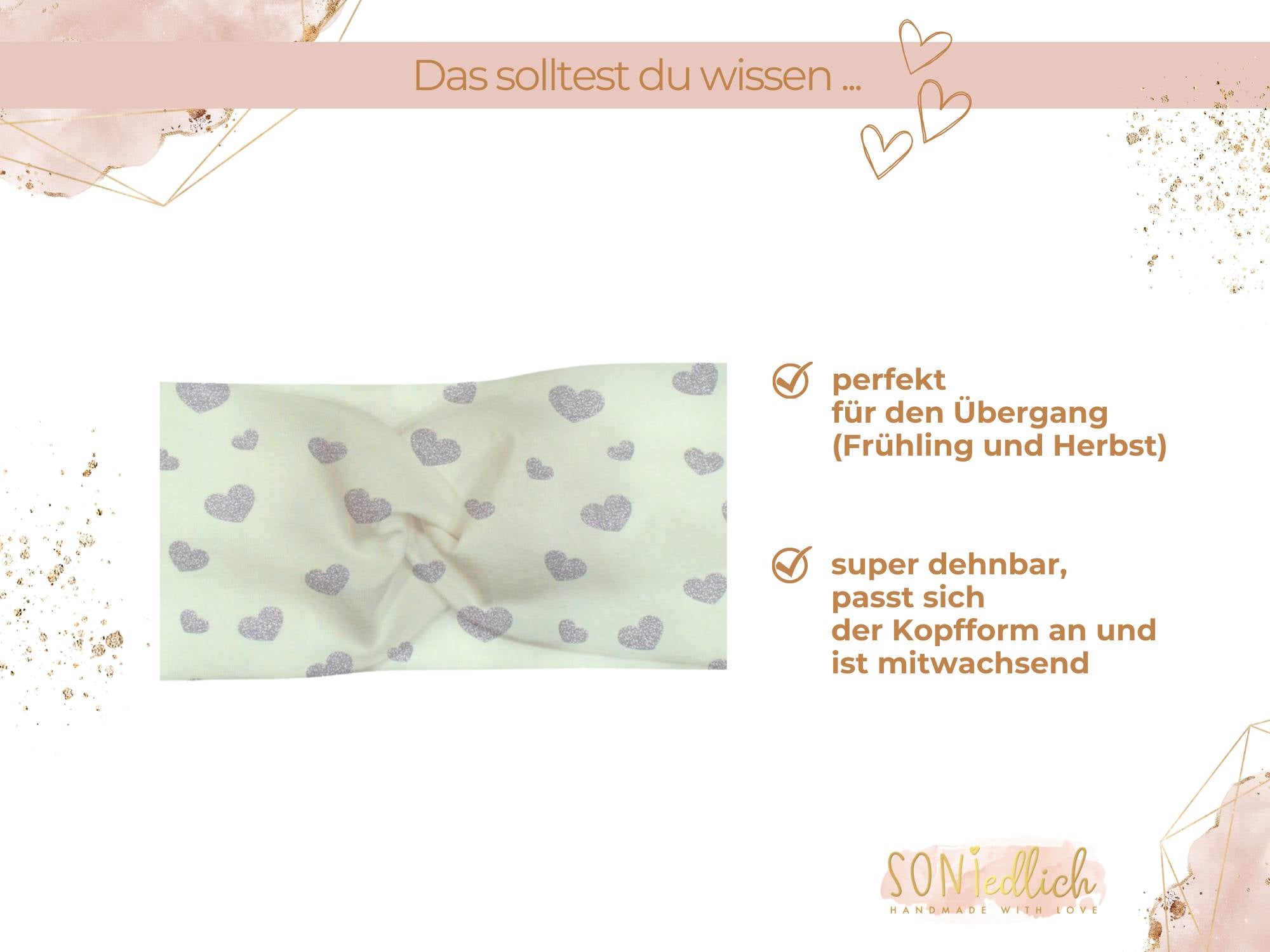 Knotenhaarband in mint mit silbernen Glitzerherzen. Bestellbar für Babys, Kinder und Erwachsene. Das Headband ist hervorragend für den Übergang geeignet. Es ist sehr dehnbar und daher auch mitwachsend.