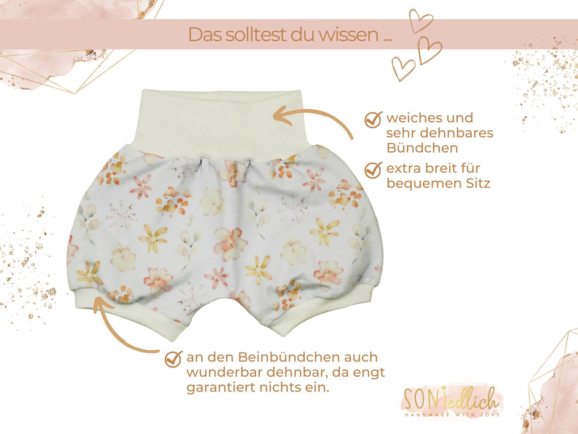 Kurze Pumphose für Babys und Kinder „aquarell flowers“ Details