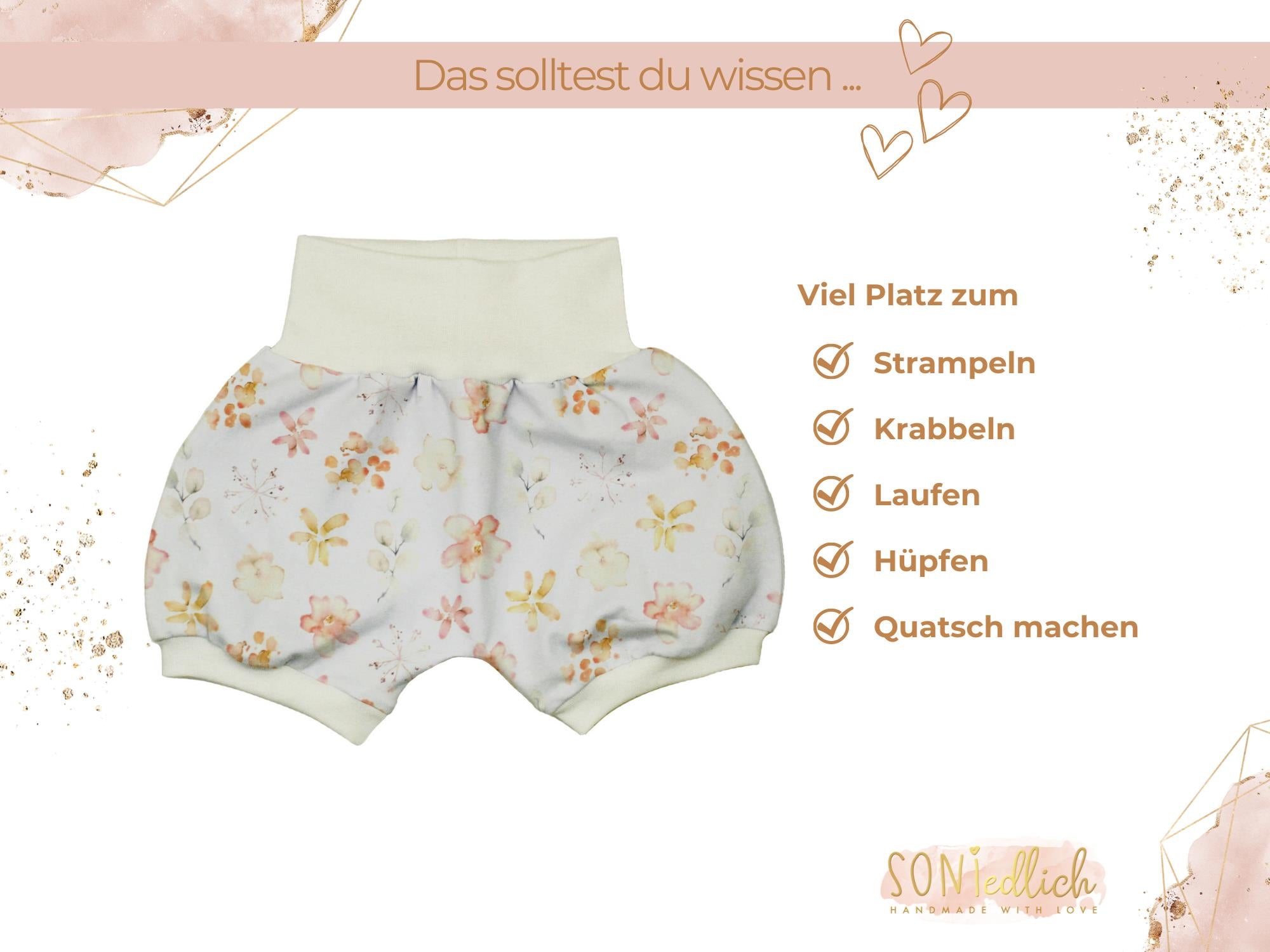 Kurze Pumphose für Babys und Kinder „aquarell flowers“ Beschreibung 1