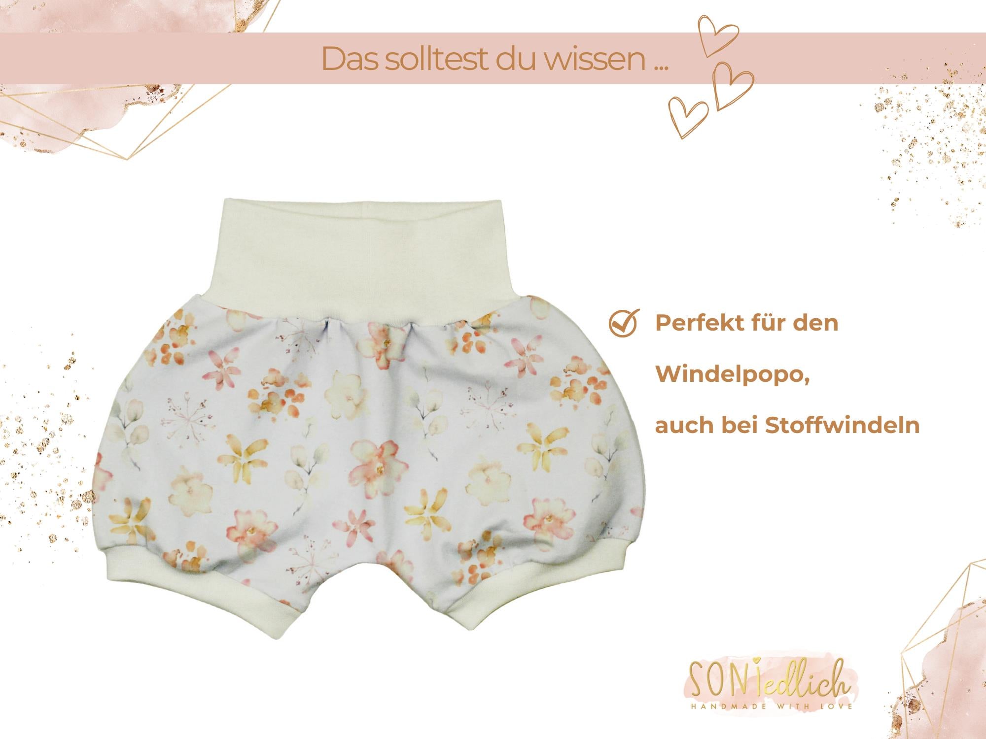 Kurze Pumphose für Babys und Kinder „aquarell flowers“ Beschreibung 2