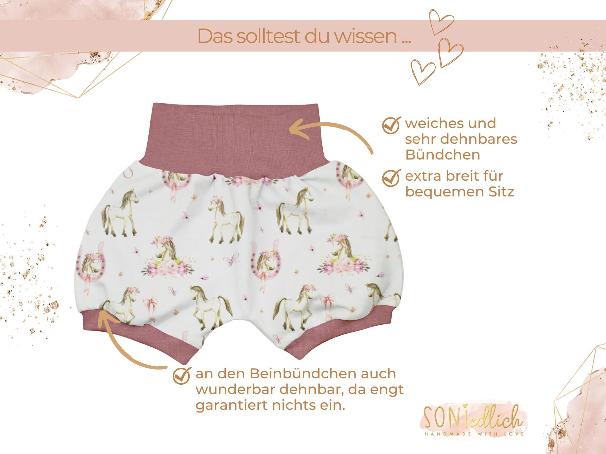 Kurze Pumphose für Babys und Kinder "Boho Pferde" Details