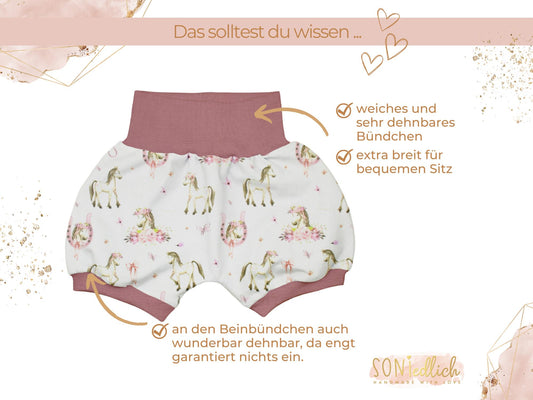 Kurze Pumphose für Babys und Kinder "Boho Pferde" Details