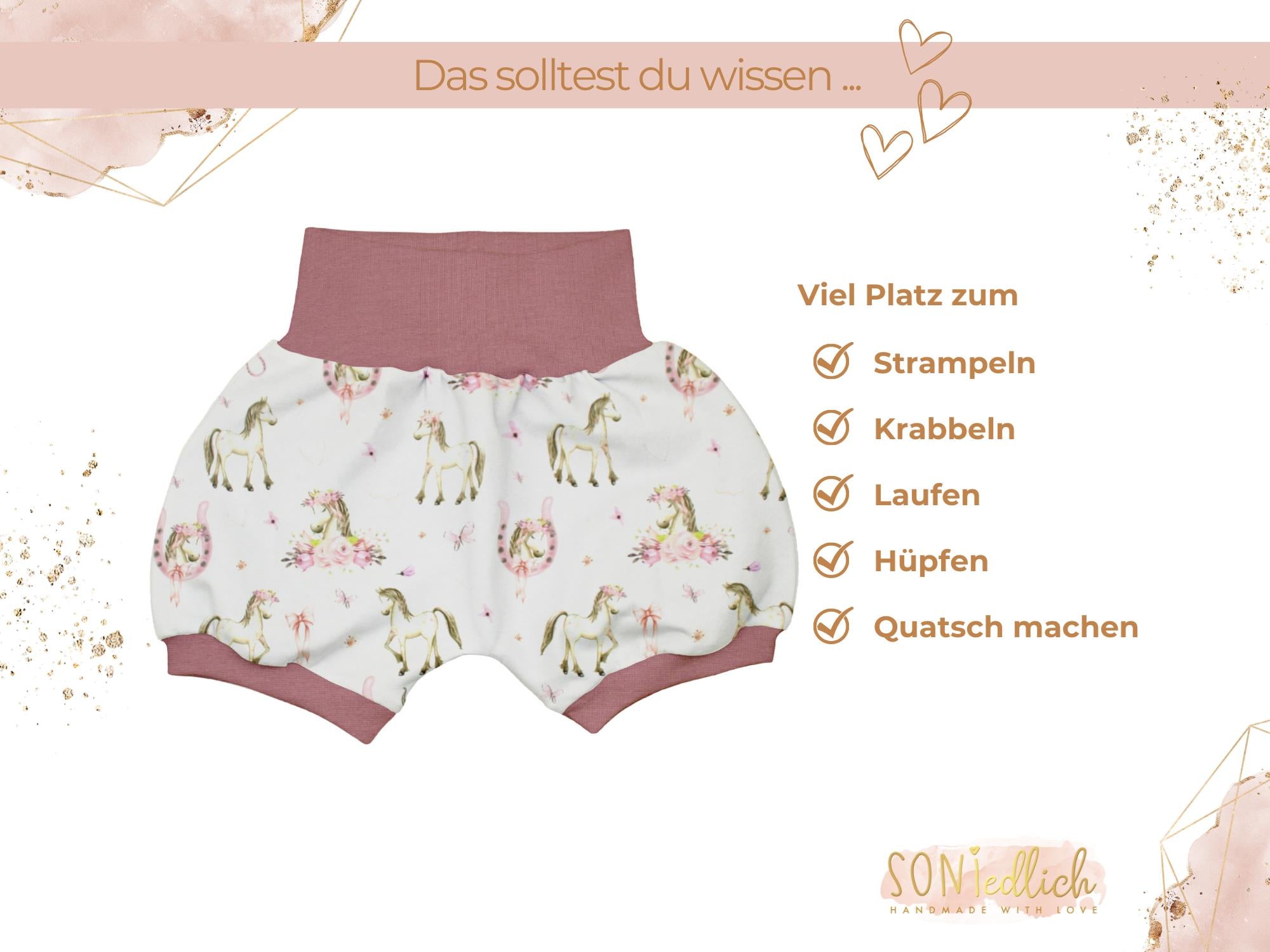 Kurze Pumphose für Babys und Kinder "Boho Pferde" Beschreibung 1