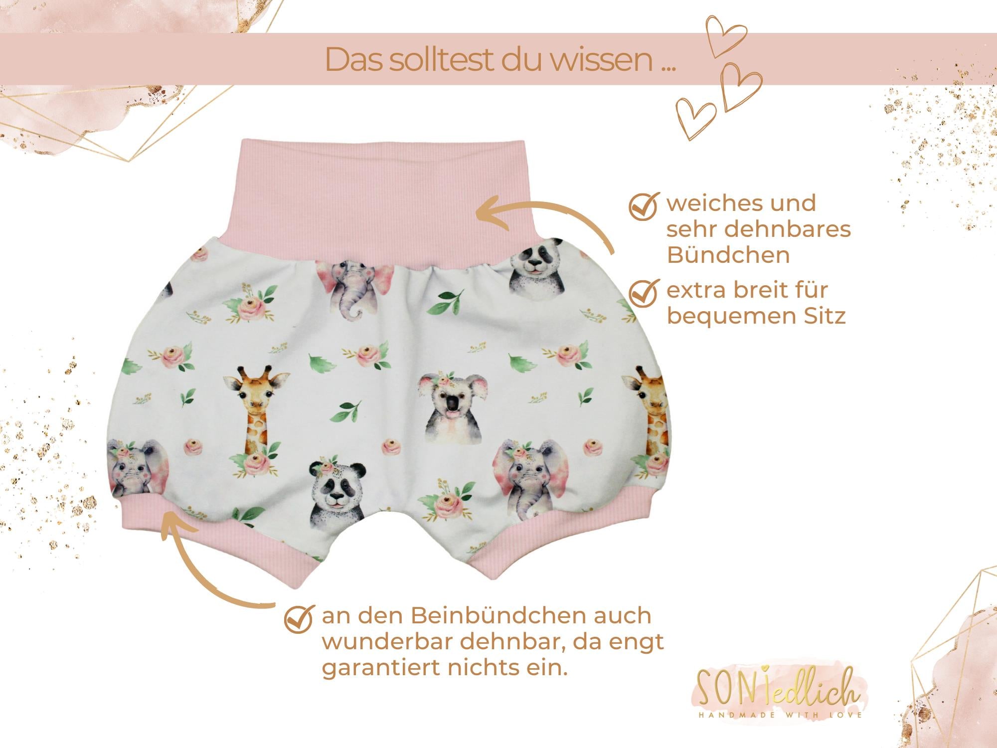 Kurze Pumphose für Babys und Kinder "Boho Tiere" Details