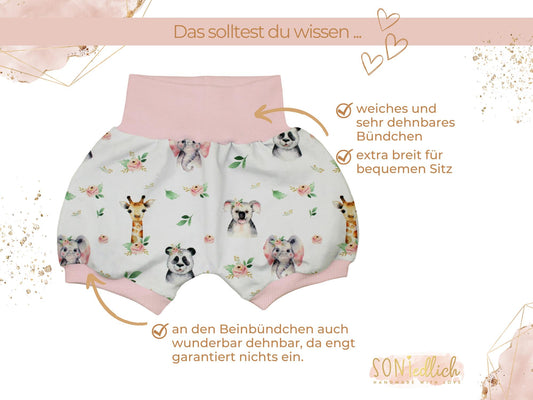 Kurze Pumphose für Babys und Kinder "Boho Tiere" Details