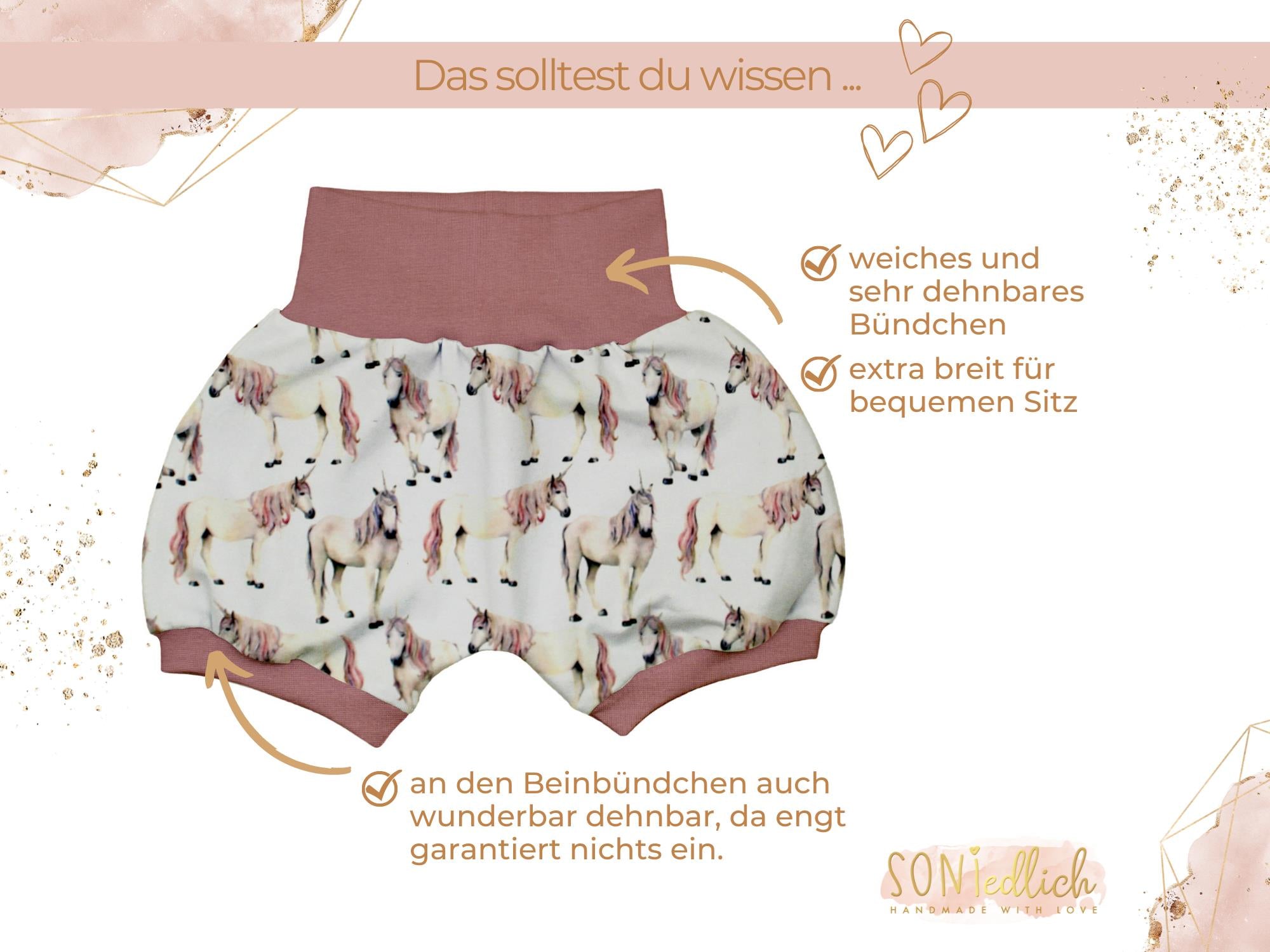 Kurze Pumphose für Babys und Kinder "Einhorn" Details