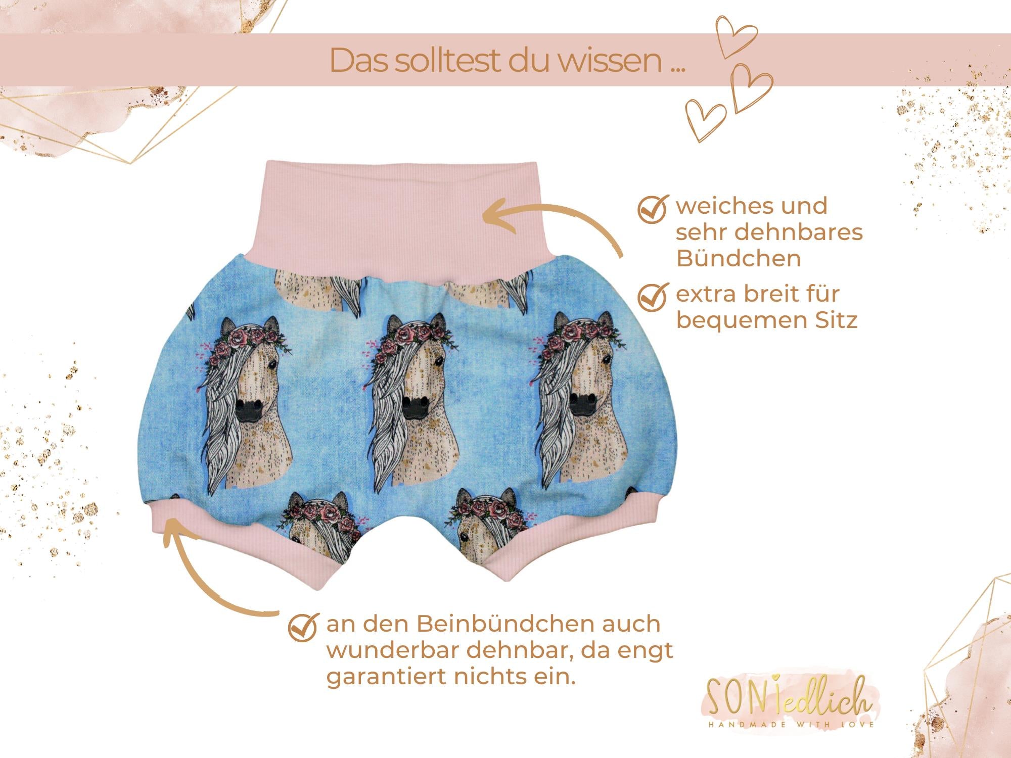 Kurze Pumphose für Babys und Kinder "Pferde jeansoptik" Details