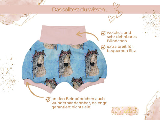 Kurze Pumphose für Babys und Kinder "Pferde jeansoptik" Details