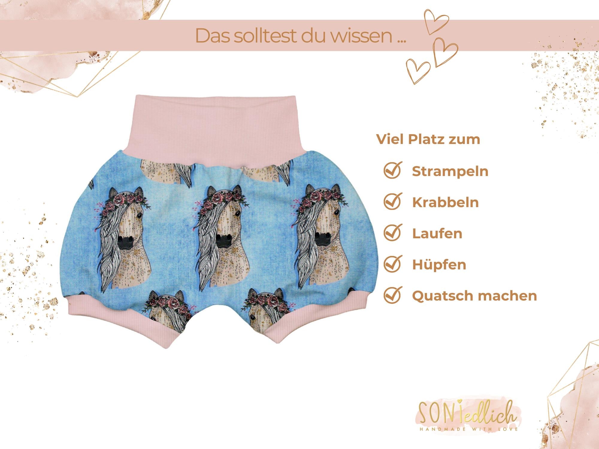 Kurze Pumphose für Babys und Kinder "Pferde jeansoptik" Beschreibung 1