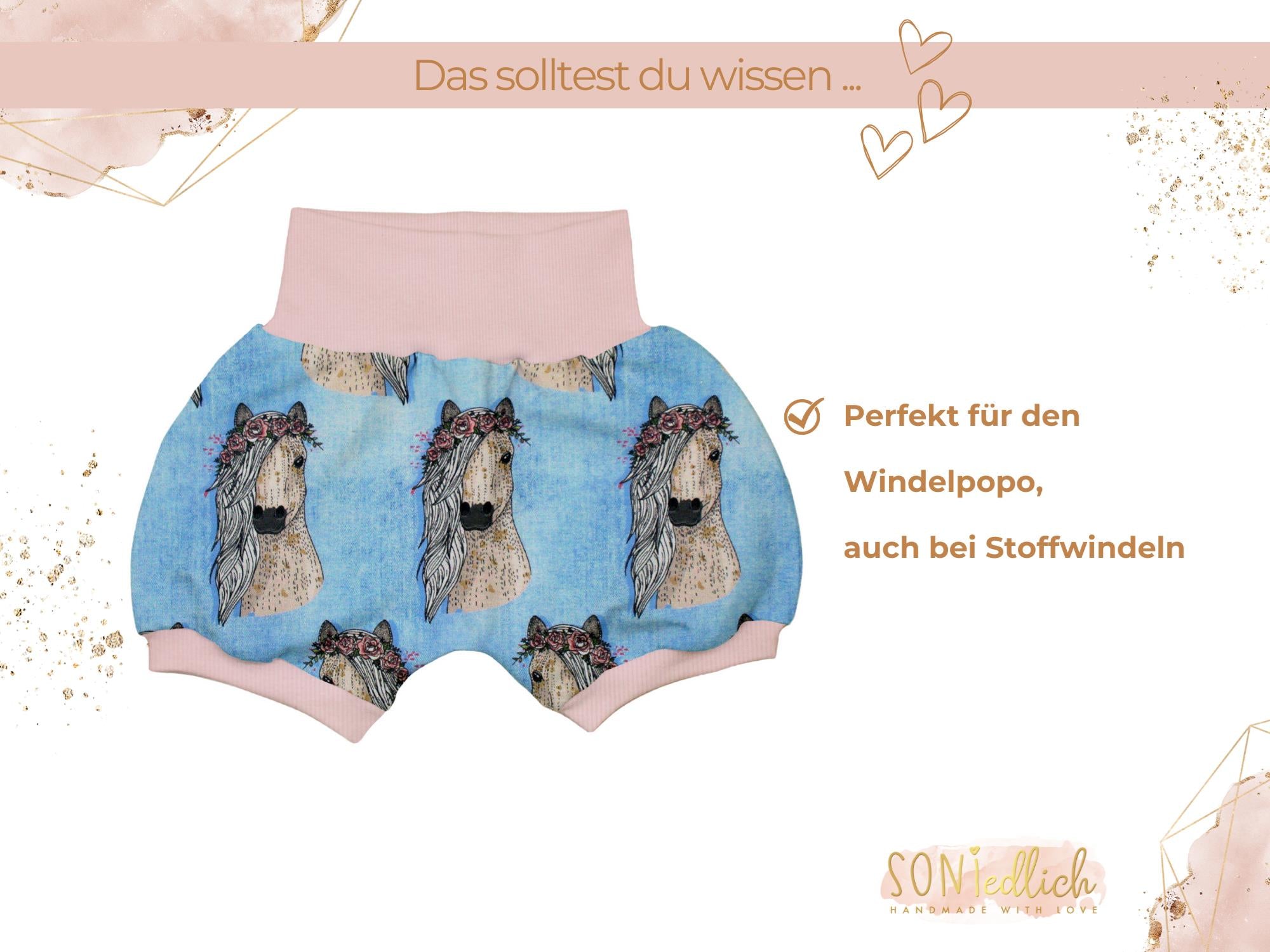 Kurze Pumphose für Babys und Kinder "Pferde jeansoptik" Beschreibung 2